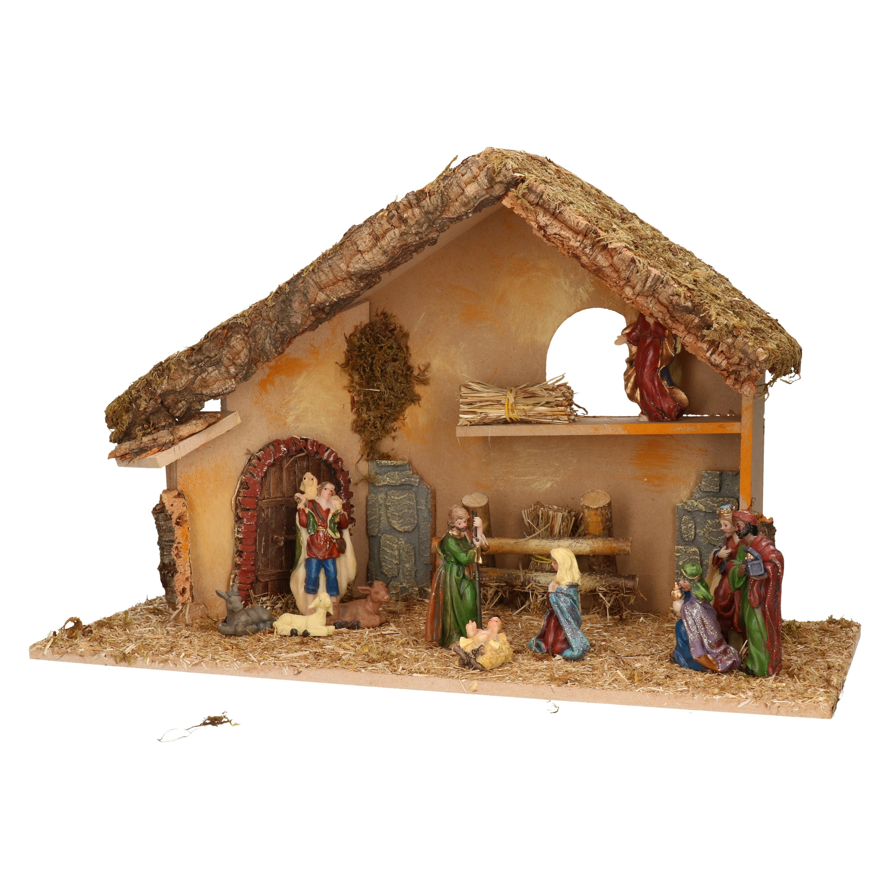 Complete kerststal met kerststal beelden -H31 cm hout-mos-polyresin