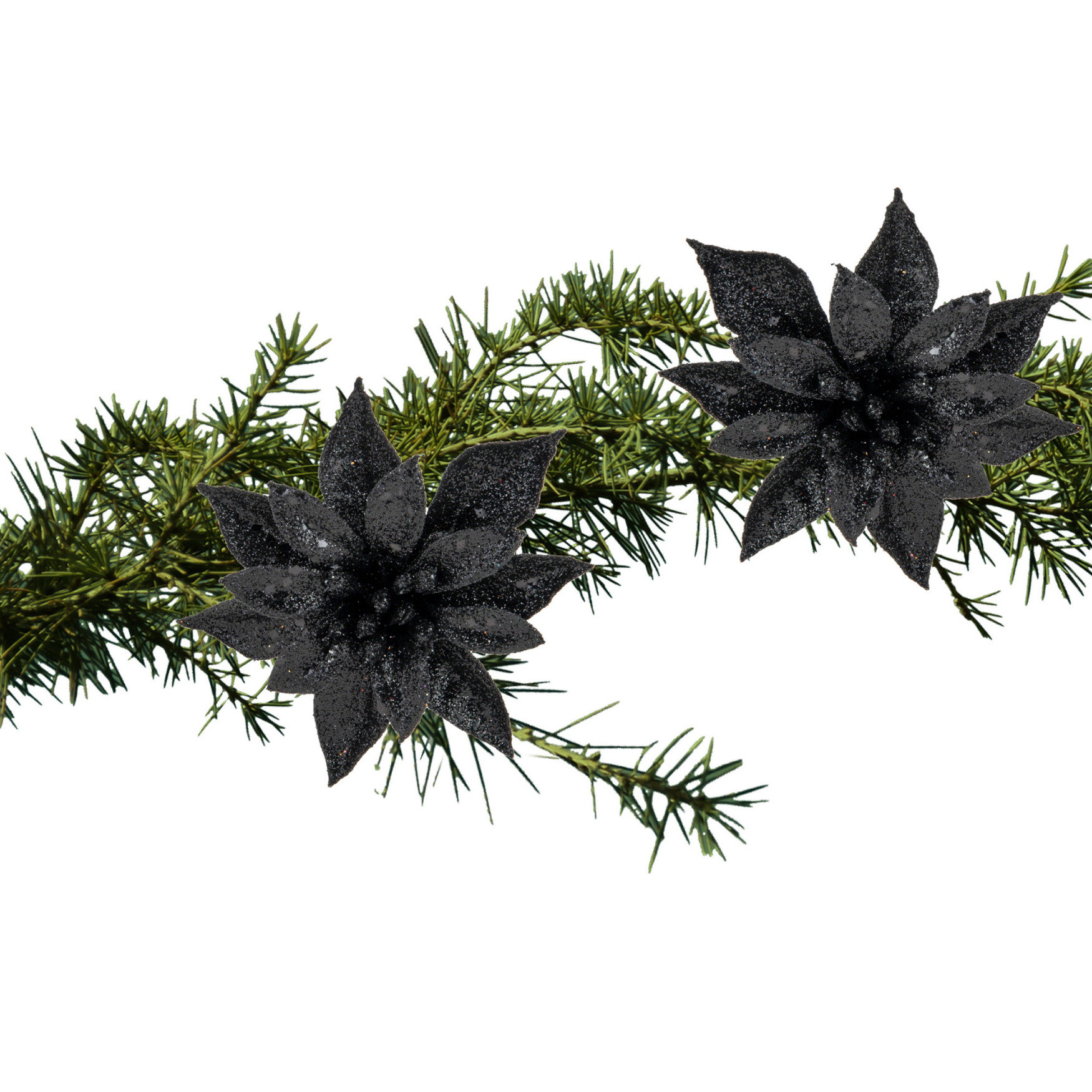 Cosy and Trendy kerst bloemen op clip 2x- zwart -8 cm glitters
