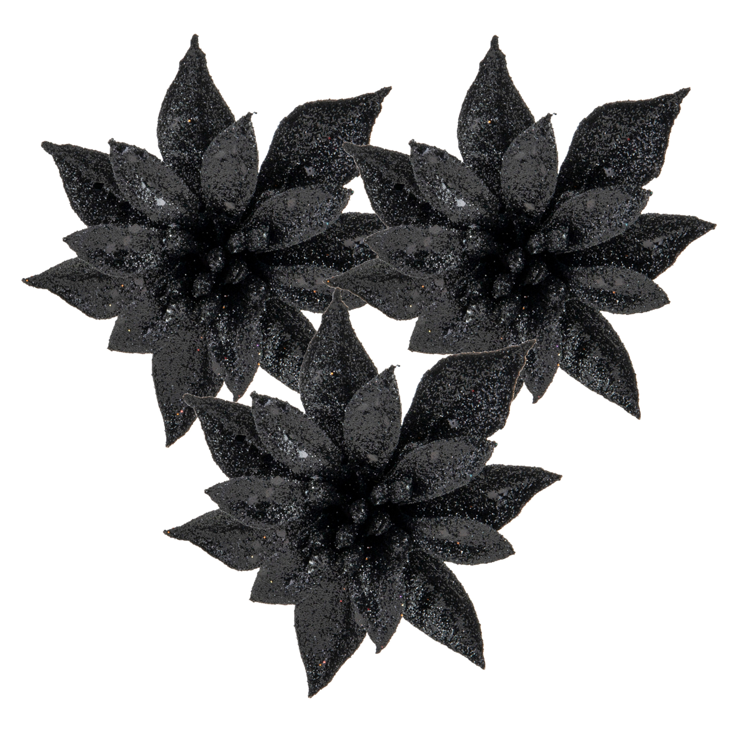 Cosy and Trendy kerst bloemen op clip 3x- zwart -8 cm glitters