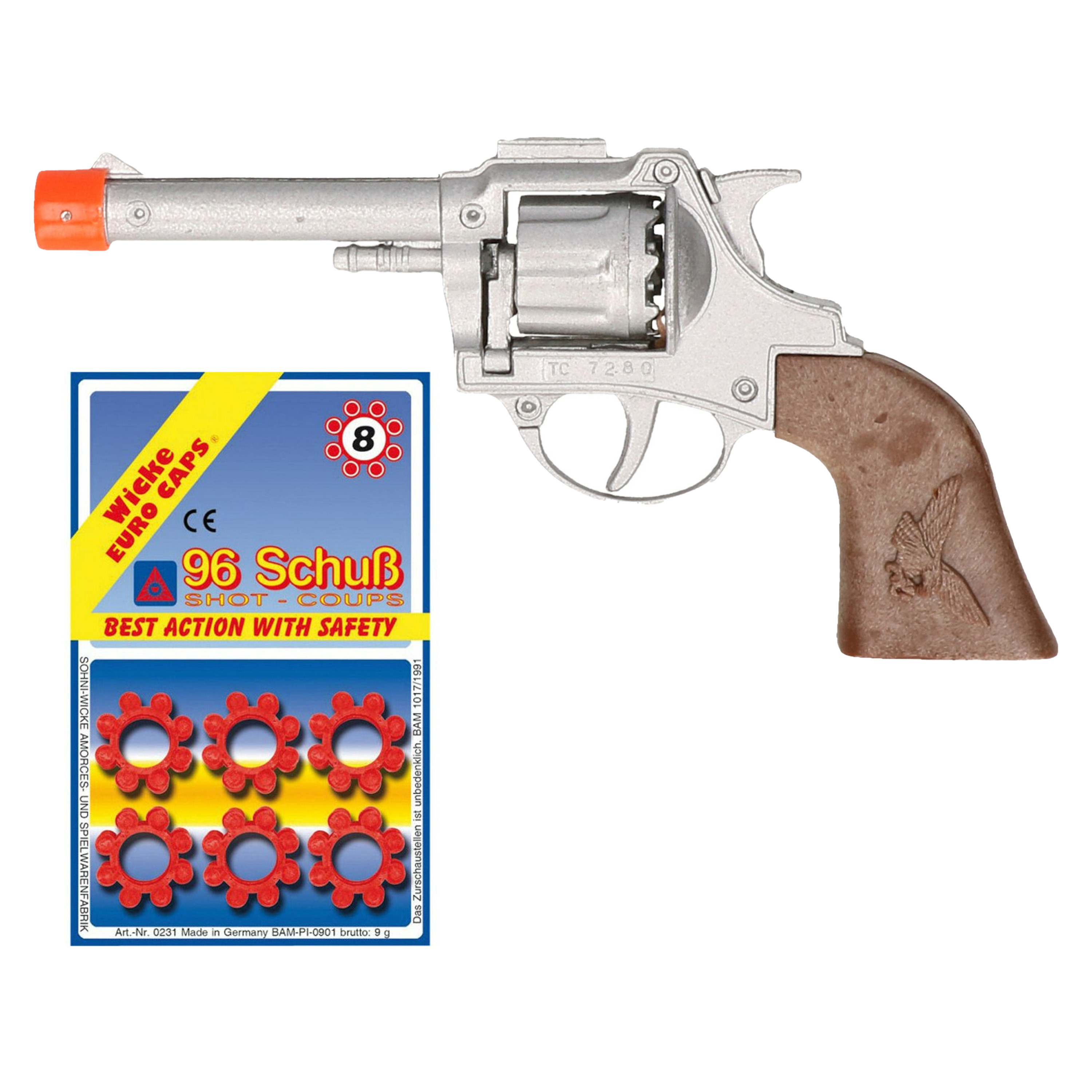 Cowboy speelgoed revolver-pistool metaal voor 8 schots plaffertjes in de set 96 shots