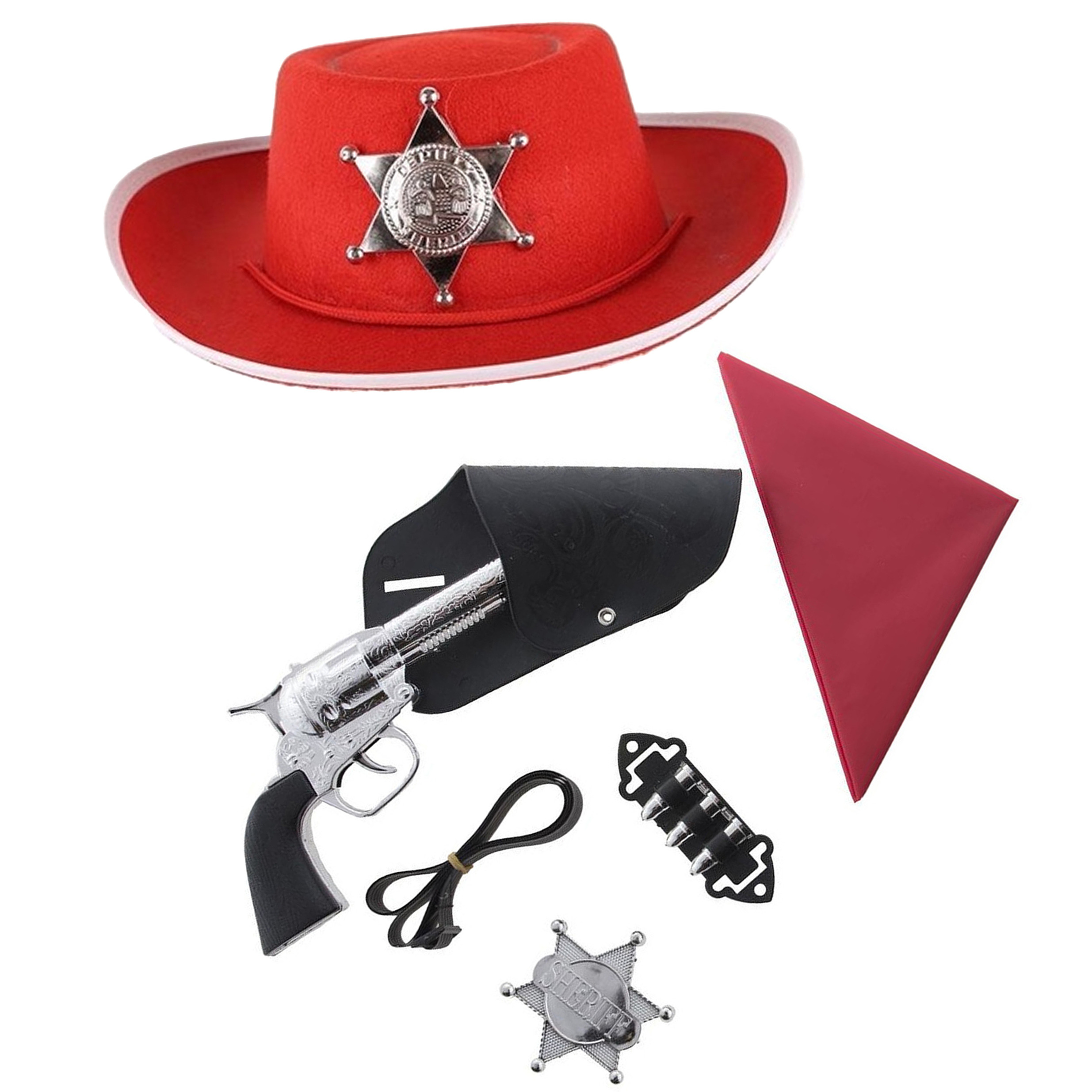 Cowboys speelgoed-verkleed accessoires set en hoed rood 6-delig