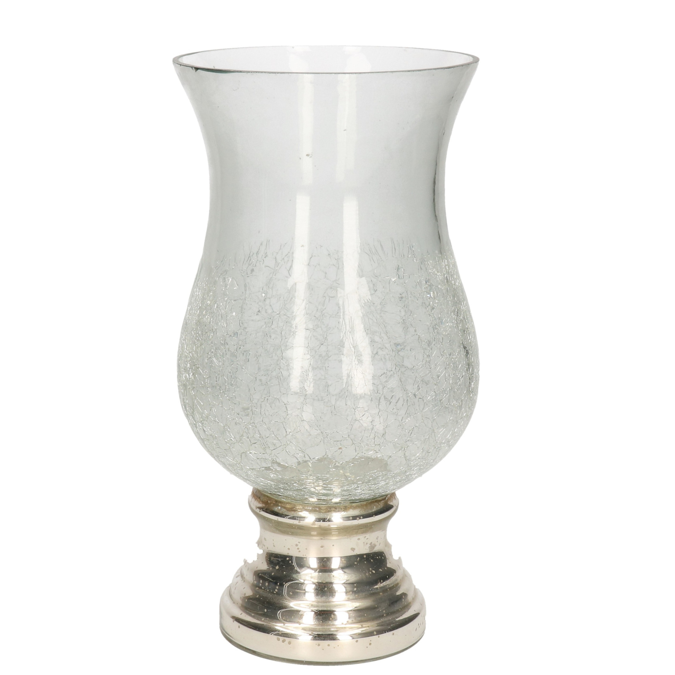 Craquele glazen kaarsenhouder voor theelichtjes-waxinelichtjes met zilveren voet 26,5 x 13,5 cm