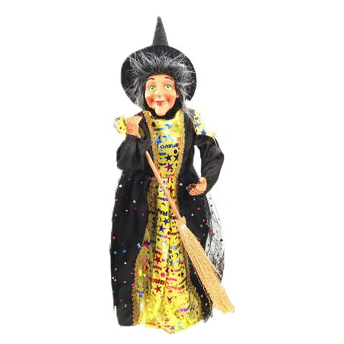 Creation decoratie heksen pop staand 42 cm zwart-geel Halloween versiering