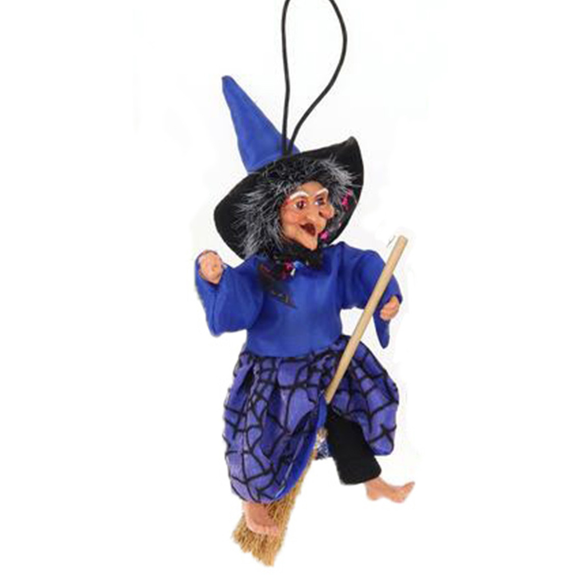 Creation decoratie heksen pop vliegend op bezem 10 cm zwart-blauw Halloween versiering