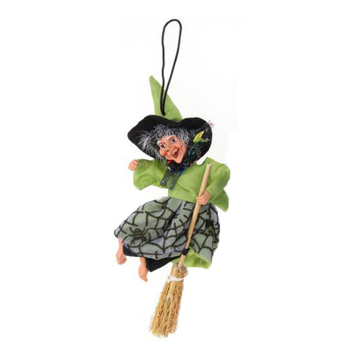 Creation decoratie heksen pop vliegend op bezem 10 cm zwart-groen Halloween versiering