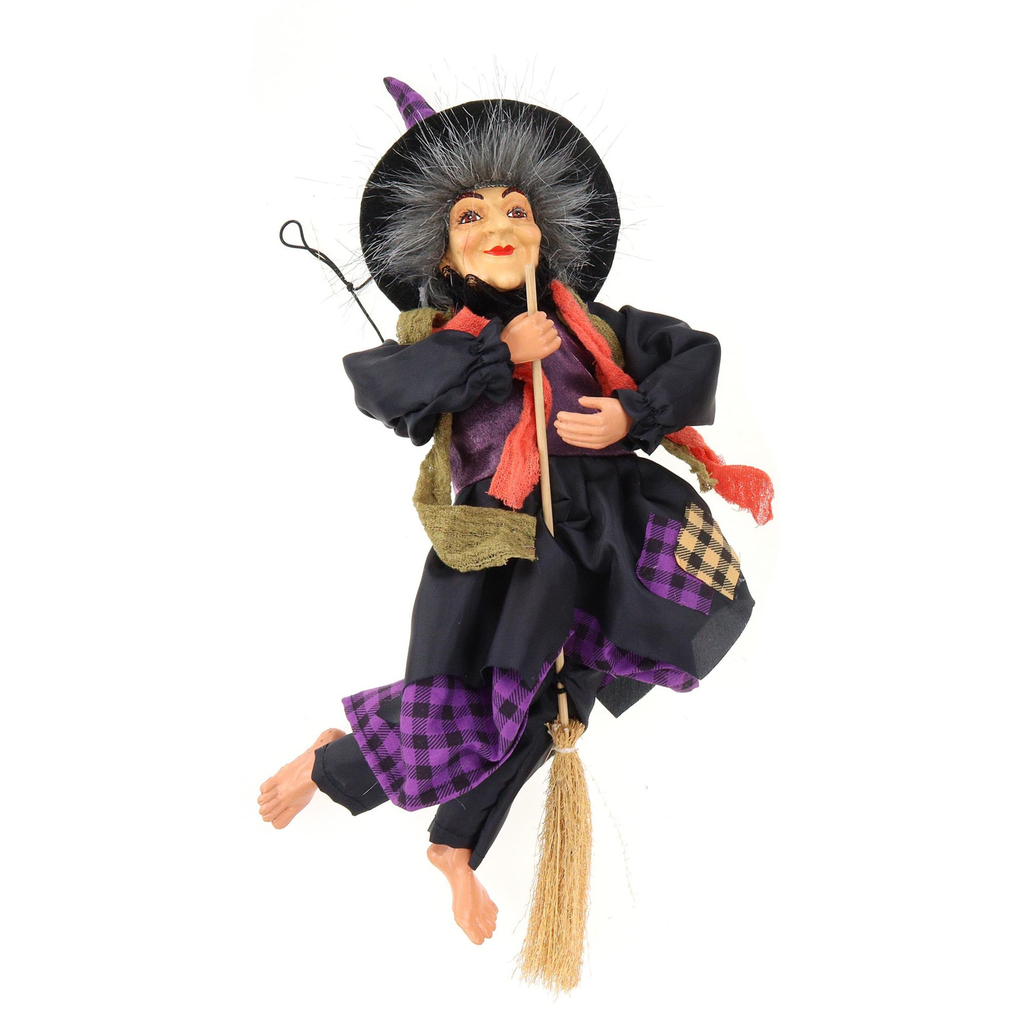 Creation decoratie heksen pop vliegend op bezem 30 cm zwart-paars Halloween versiering