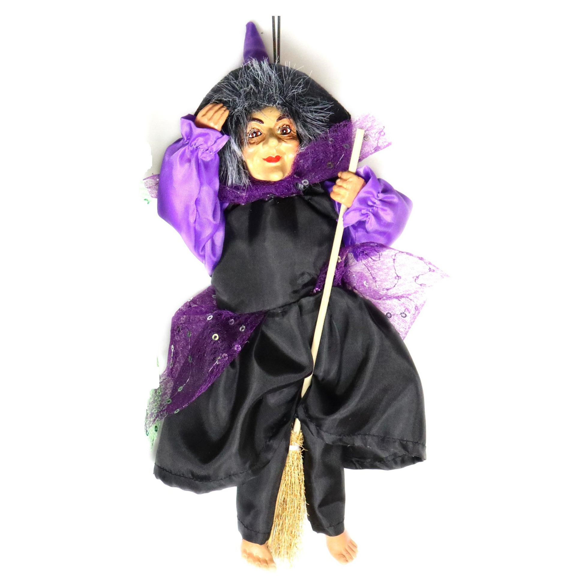 Creation decoratie heksen pop vliegend op bezem 35 cm zwart-paars Halloween versiering