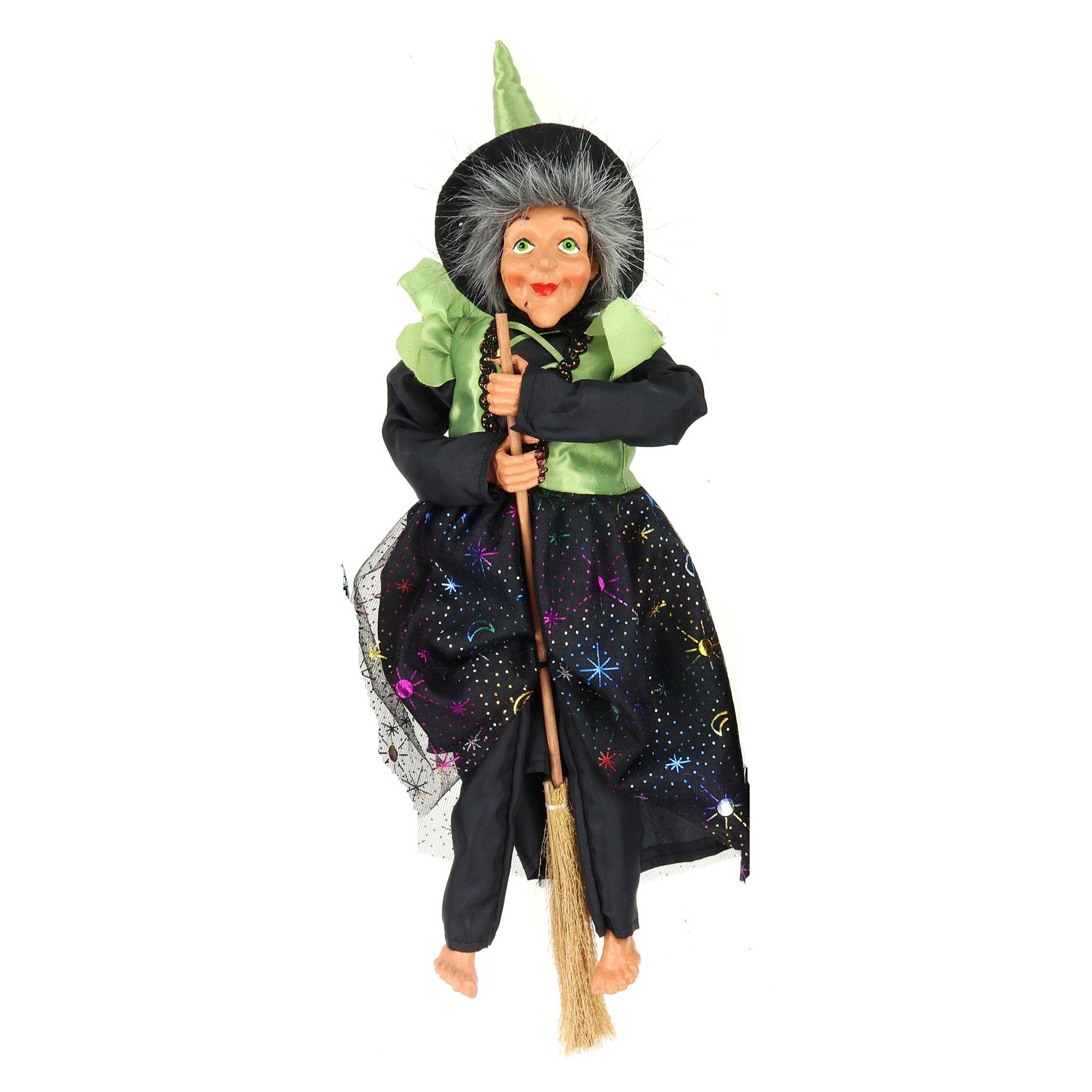 Creation decoratie heksen pop vliegend op bezem 40 cm zwart-groen Halloween versiering