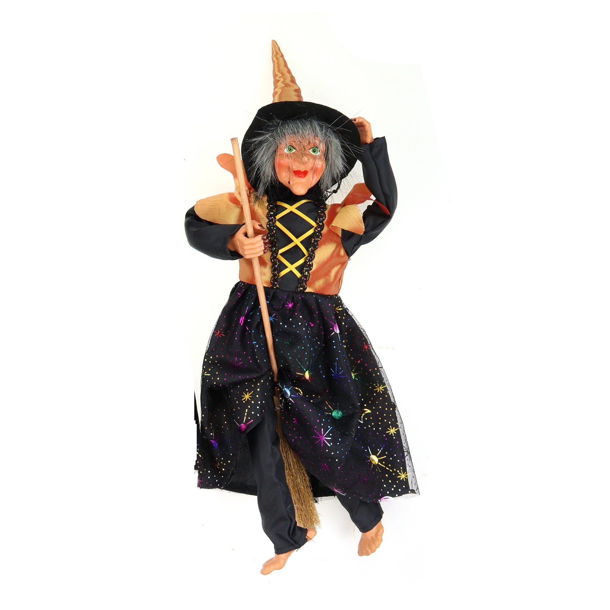 Creation decoratie heksen pop vliegend op bezem 40 cm zwart-oranje Halloween versiering