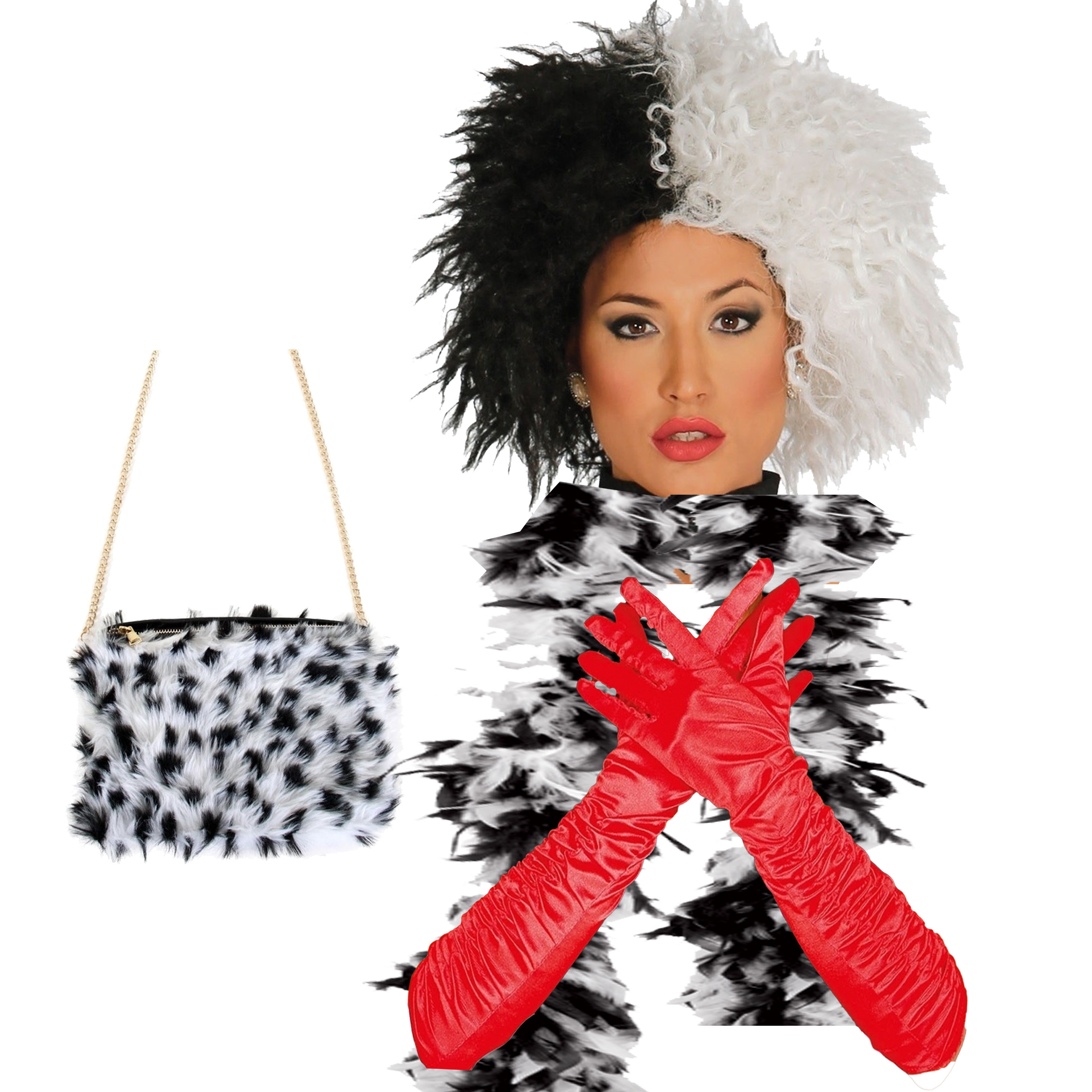 Cruel lady verkleed accessoire set 4-delig dalmatier schurk Pruik en accessoires