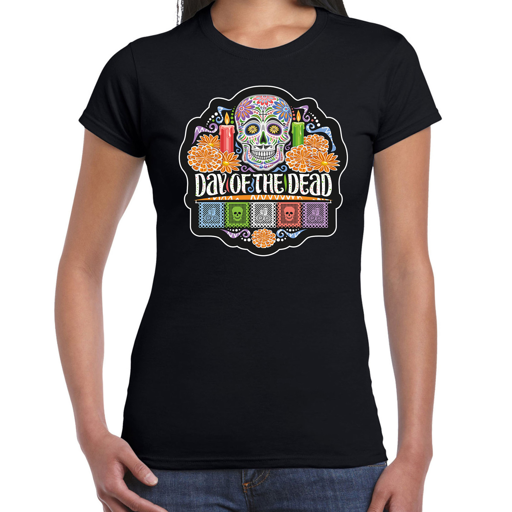 Day of the dead sugar skull horror-Halloween shirt-kostuum zwart voor dames