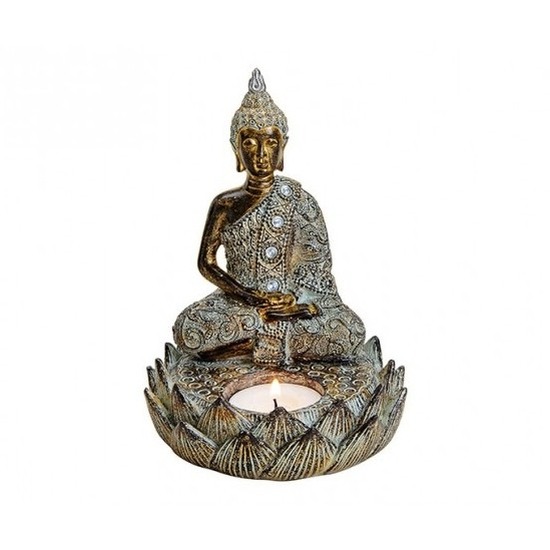 Decoratie boeddha beeld met theelichthouder bruin 15 cm