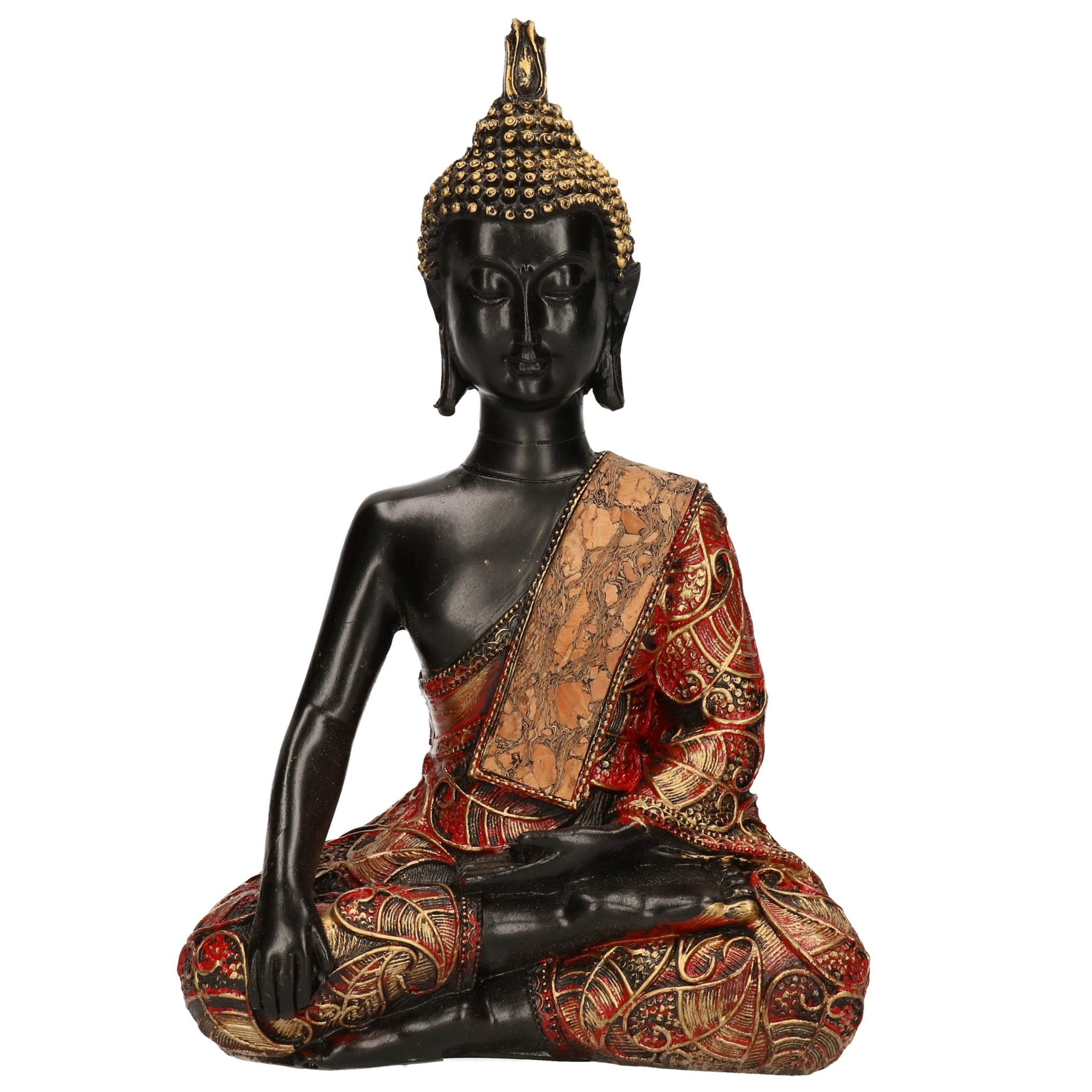 Decoratie boeddha beeld zwart-goud-rood 21 cm type 2