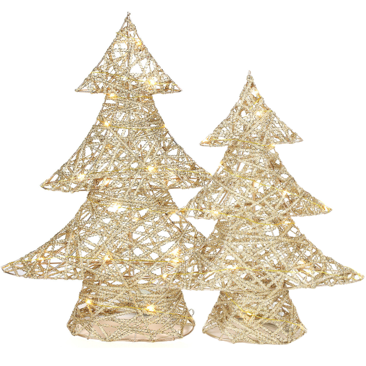 Decoratie kerstboompjes 2x st- goud met verlichting -H35 en h48 cm