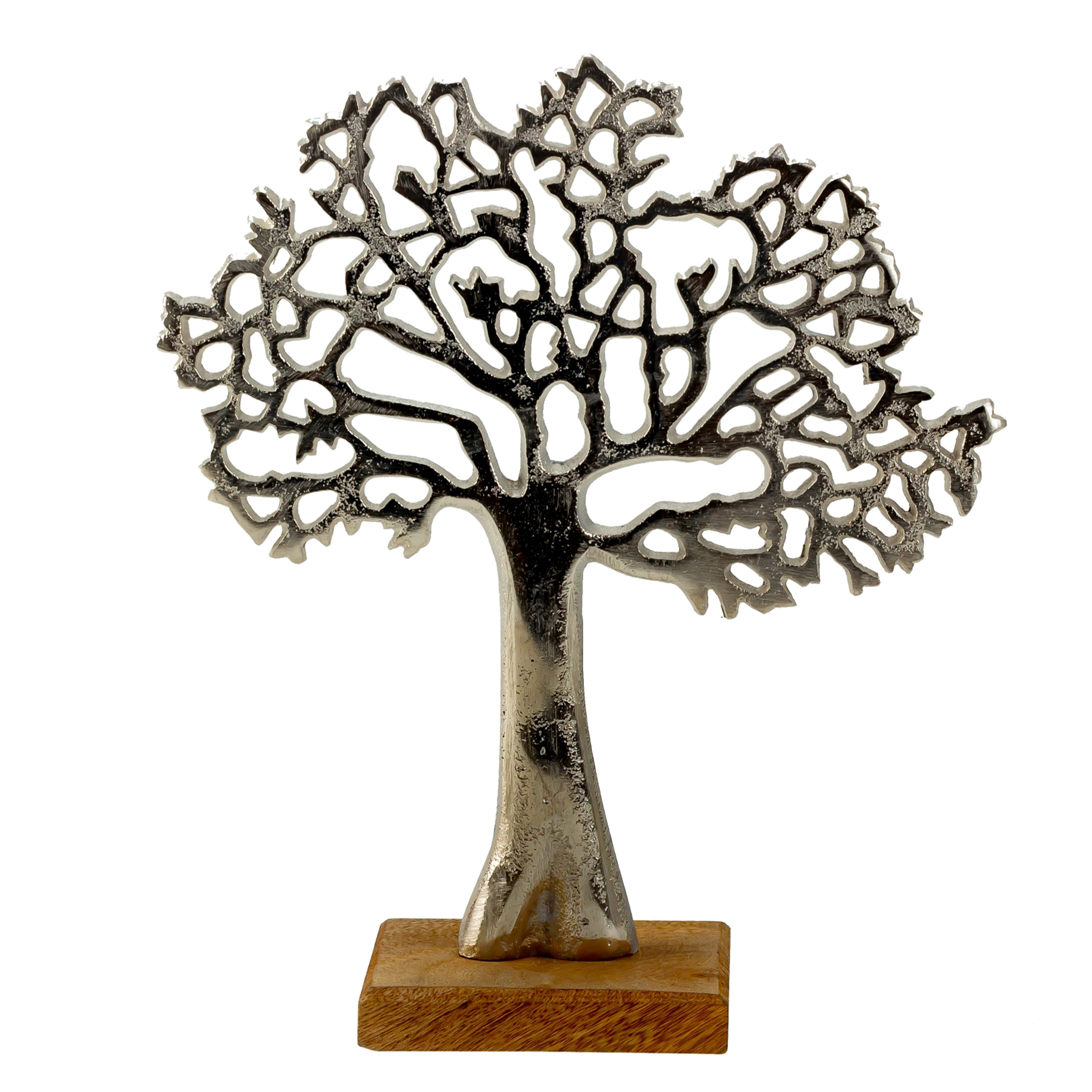 Decoratie levensboom Tree of Life aluminium-hout 23 x 26 cm zilver kleurig