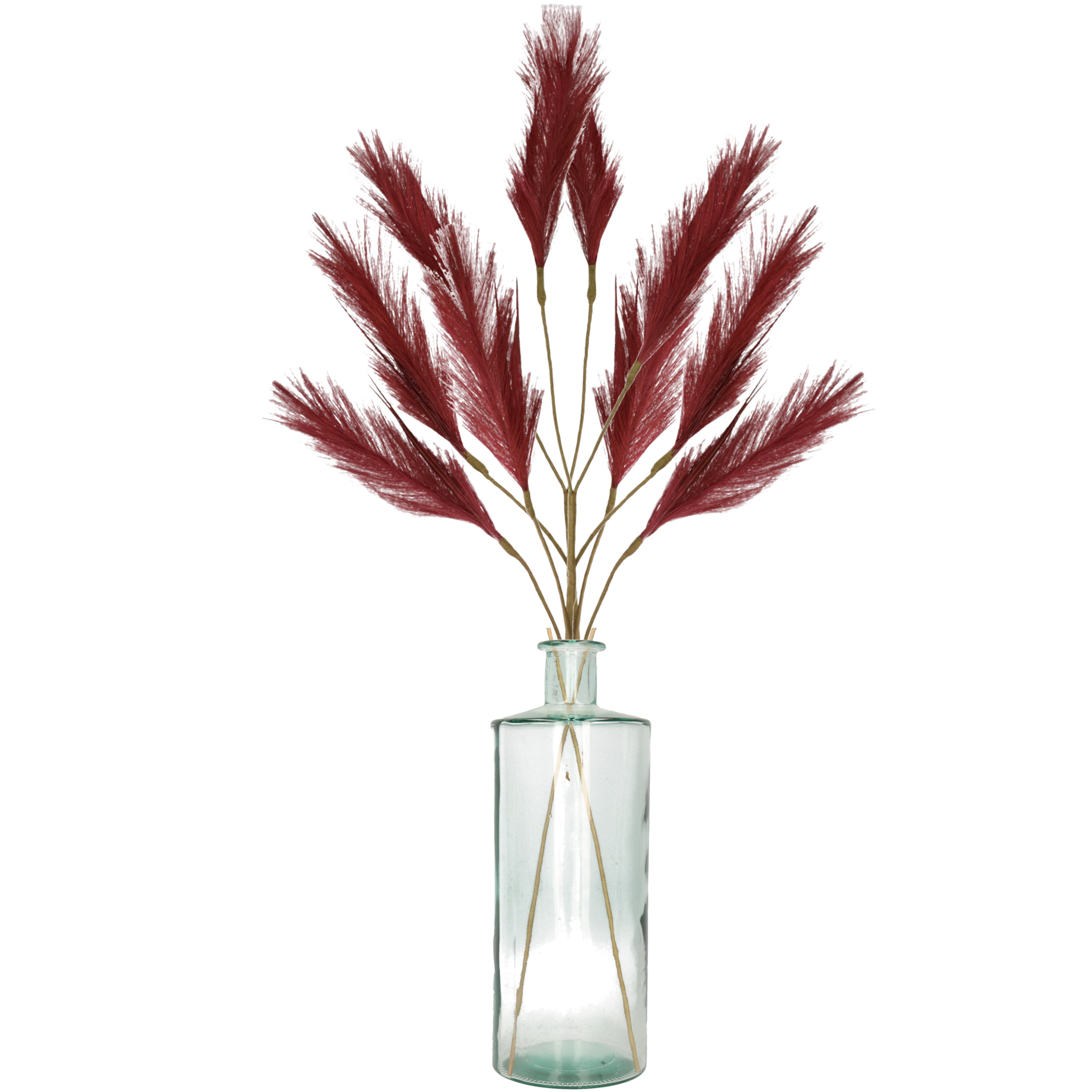 Decoratie pampasgras kunst pluimen in vaas gerecycled glas bordeaux rood 98 cm