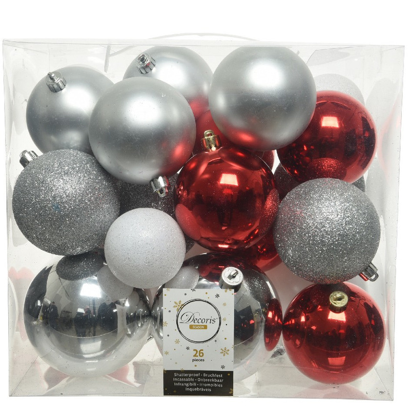 Decoris Kerstballen 26x st zilver-rood-wit 6, 8, 10 cm kunststof -