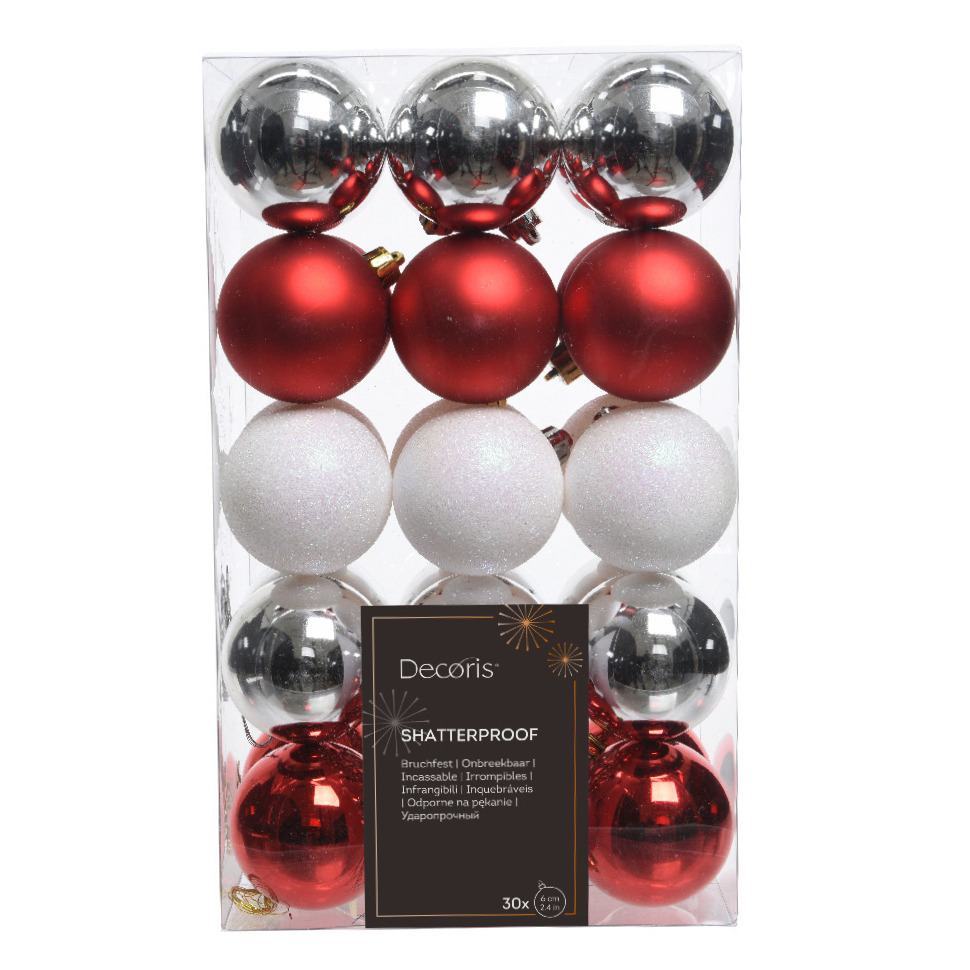 Decoris kerstballen 30x rood-wit parelmoer-zilver- 6 cm -kunststof