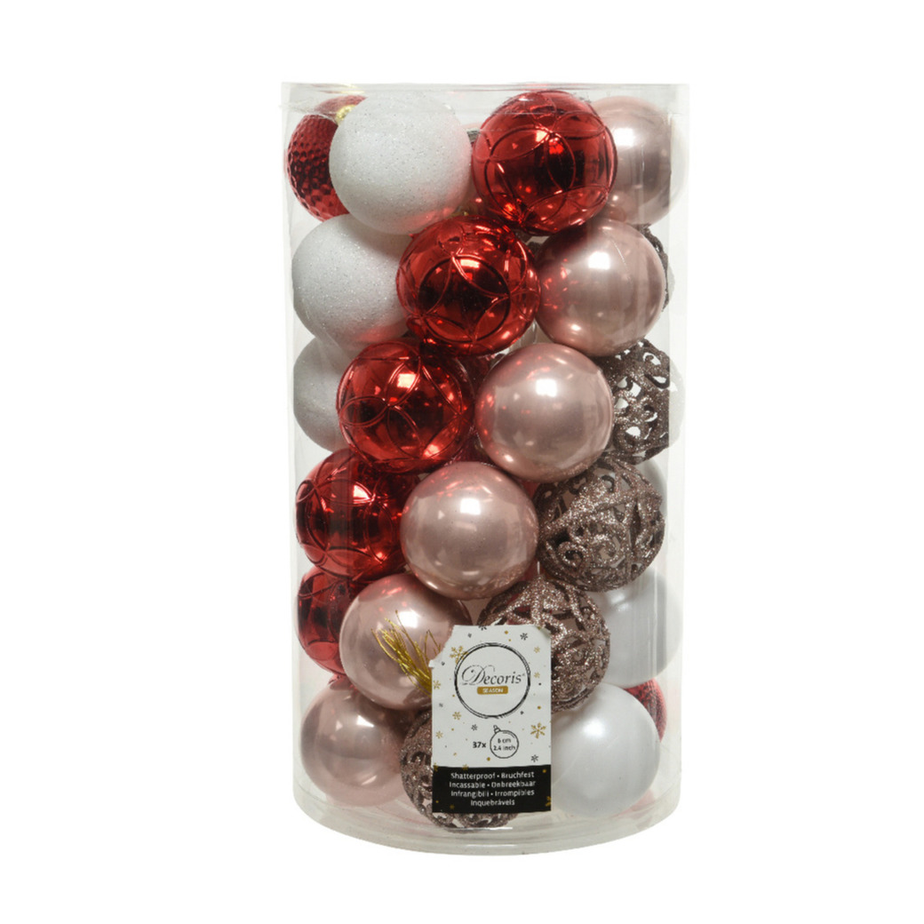 Decoris kerstballen 37x st lichtroze-rood-wit 6 cm kunststof