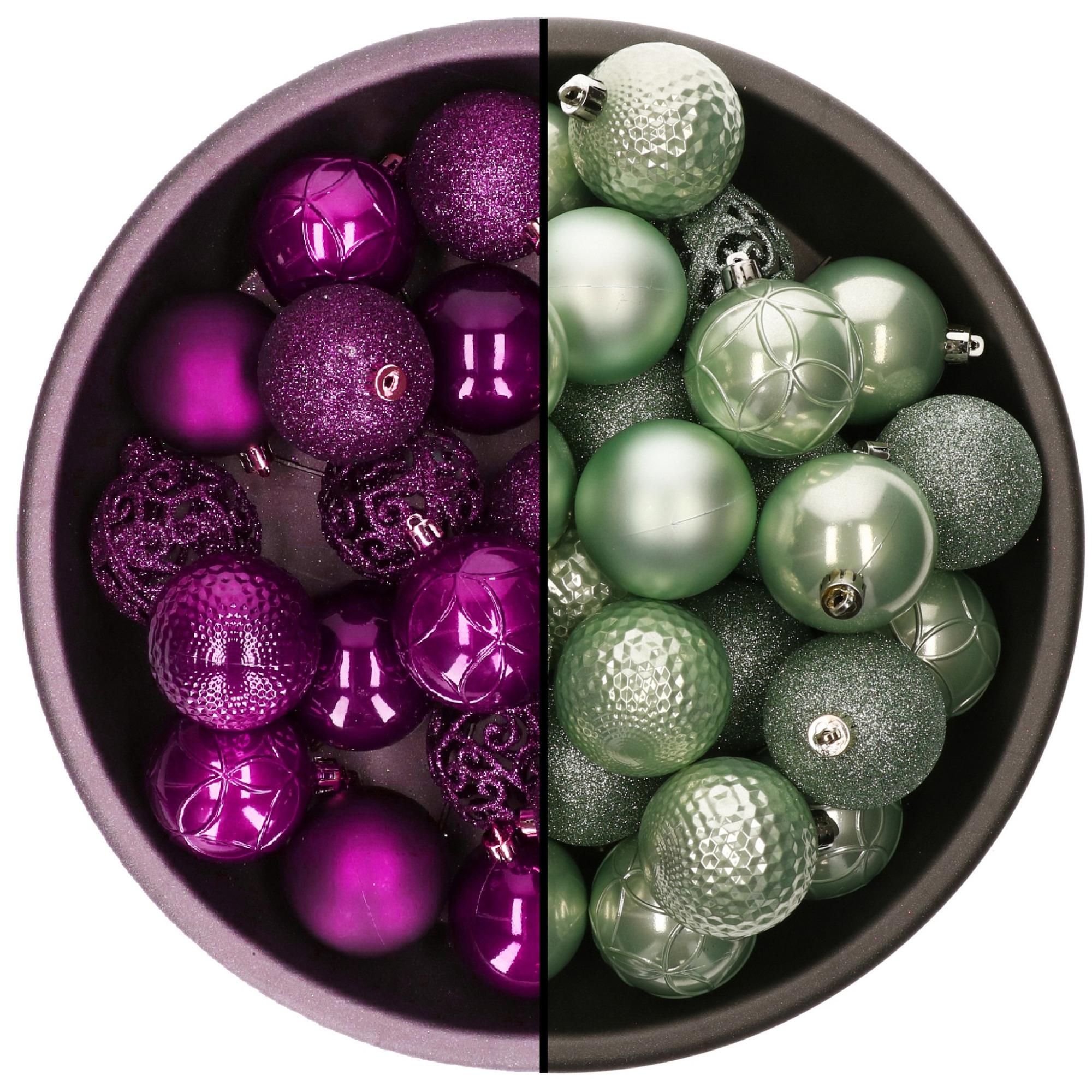 Decoris kerstballen 74x st mintgroen (eucalyptus) en paars 6 cm kunststof