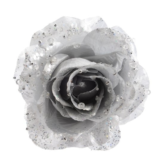 Decoris kerstboom bloem op clip zilver 14 cm kunststof
