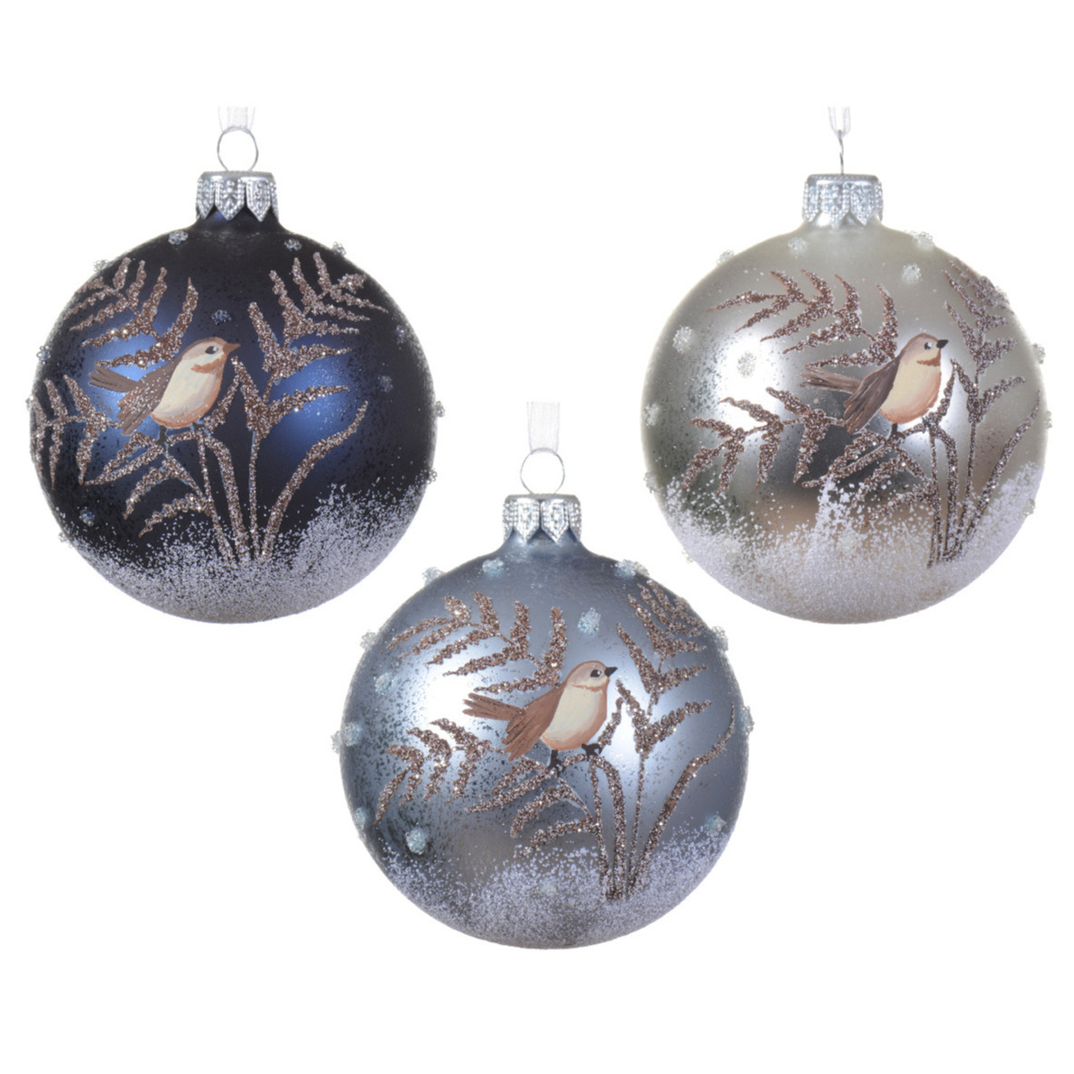 Decoris luxe kerstballen 6x vogel blauw en zilver glas 8 cm
