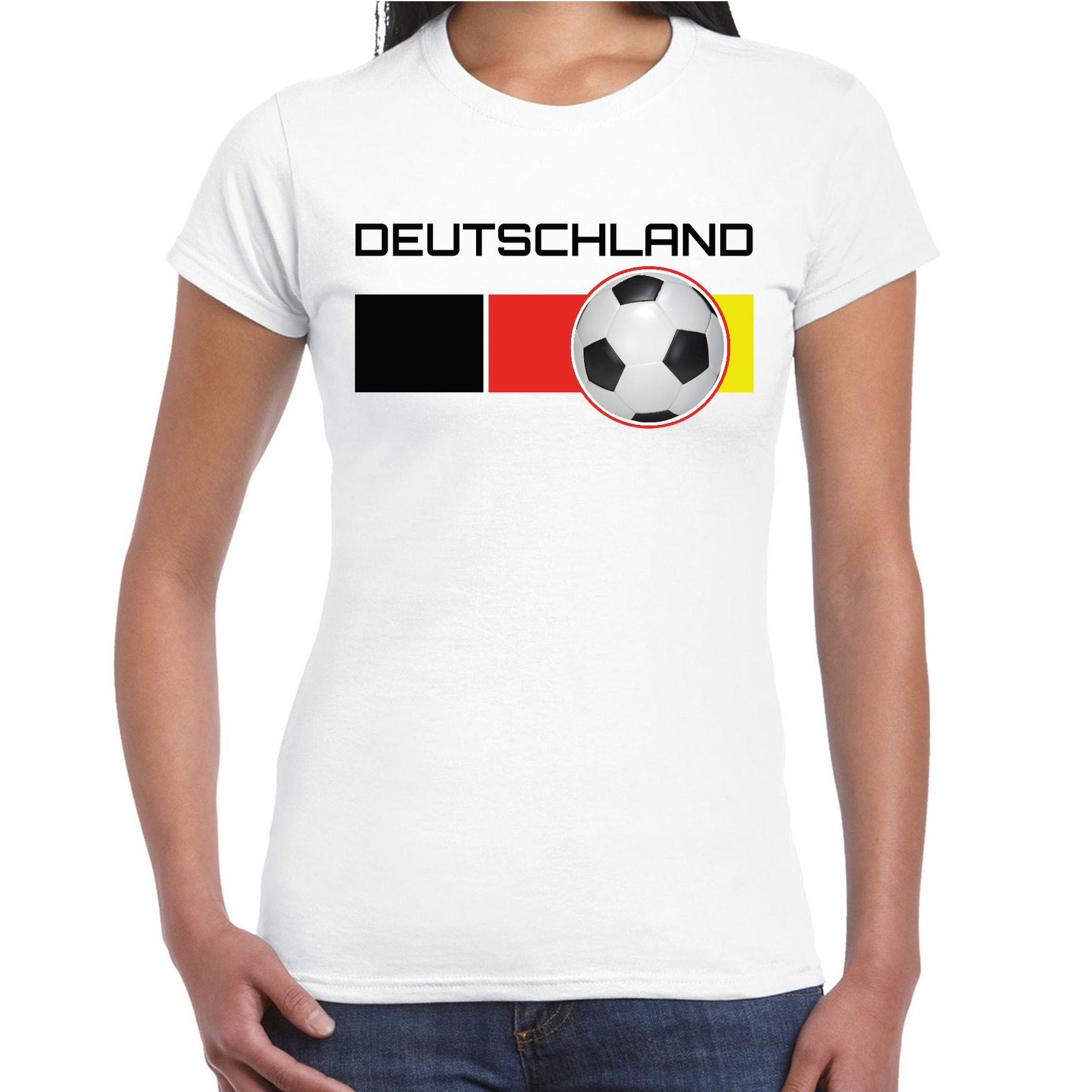 Deutschland-Duitsland voetbal-landen shirt met voetbal en Duitse vlag wit voor dames