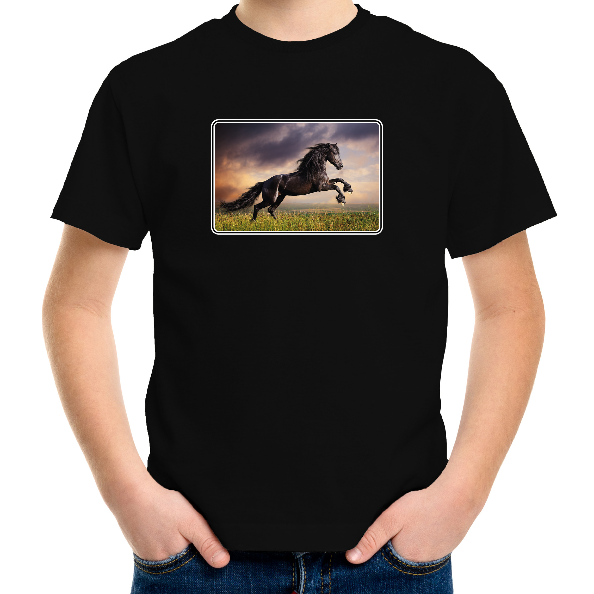 Dieren t-shirt met paarden foto zwart voor kinderen paard cadeau shirt