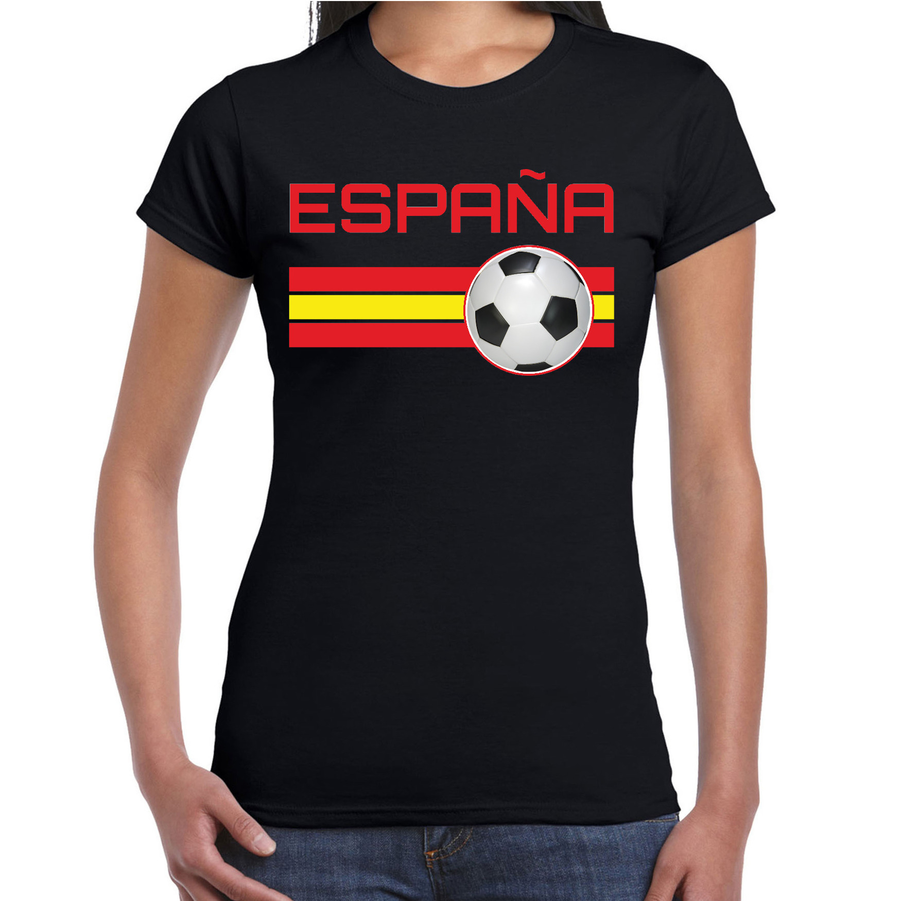 Espana-Spanje voetbal-landen shirt met voetbal en Spaanse vlag zwart voor dames