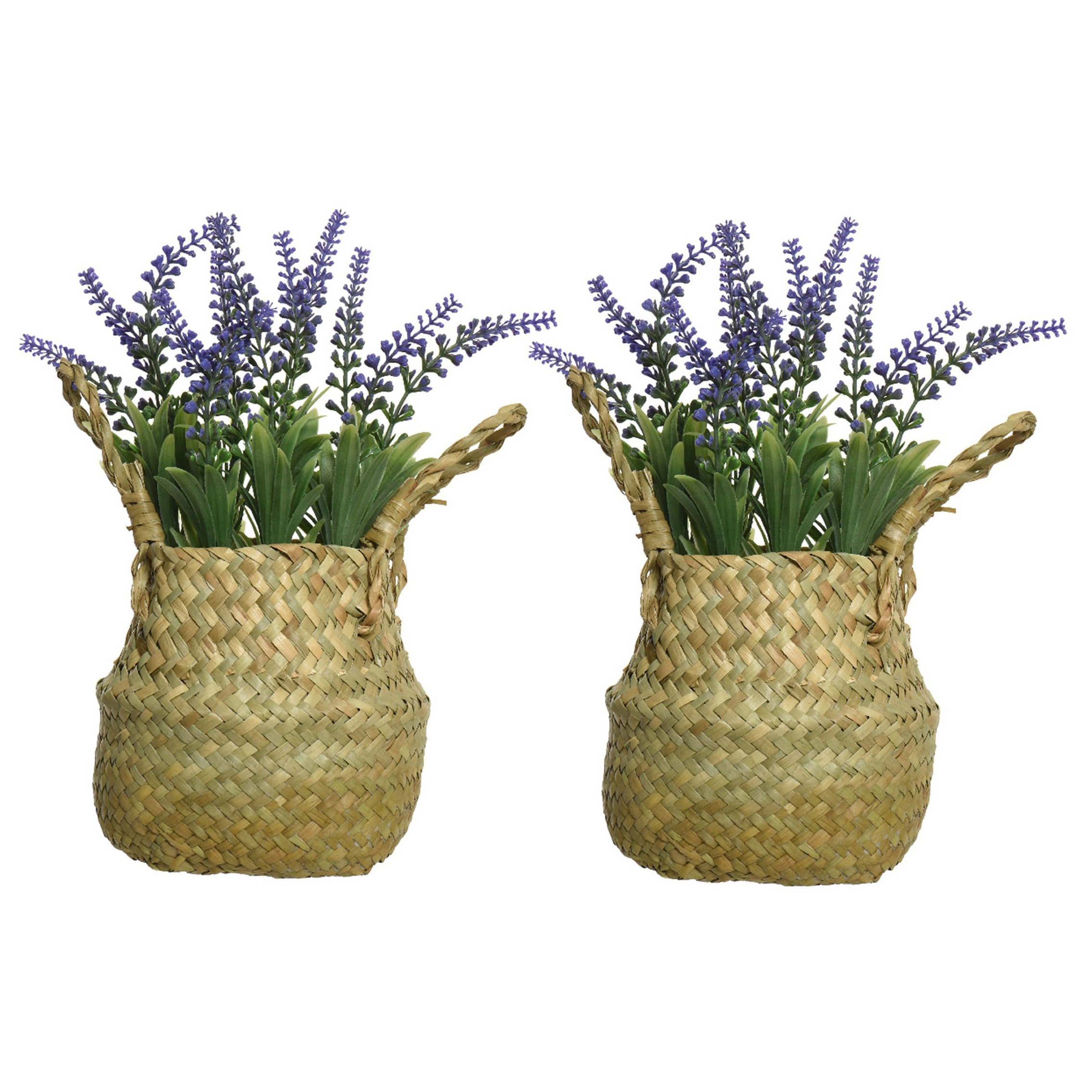 Everlands Lavendel kunstplant in rieten mand 2x lila paars D16 x H27 cm