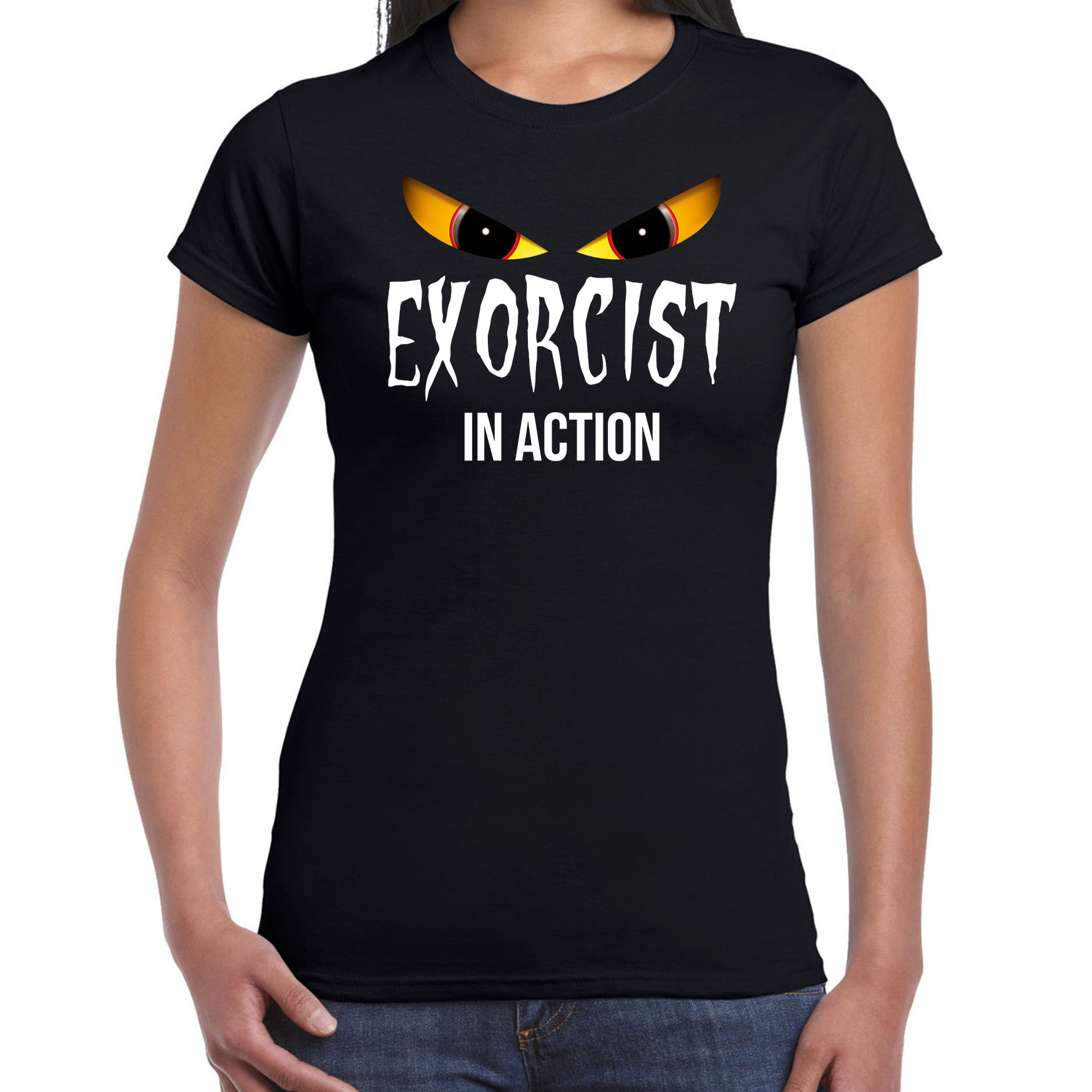 Exorcist in action horror shirt zwart voor dames verkleed t-shirt