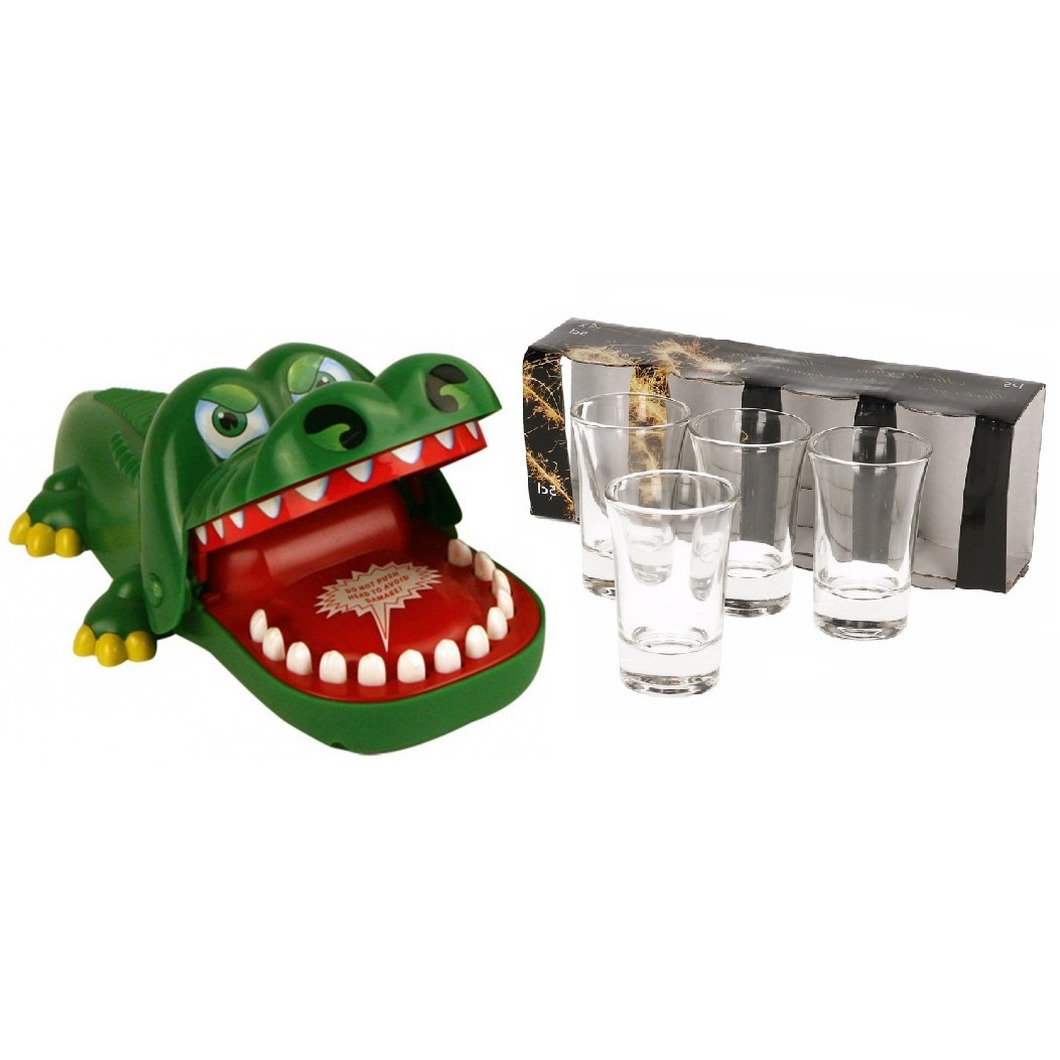 Feest drankspel bijtende krokodil met 4 gratis shotglaasjes