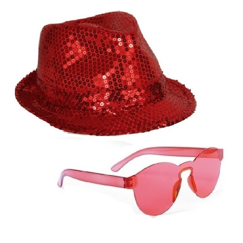 Feest setje rode glitter hoed met zonnebril