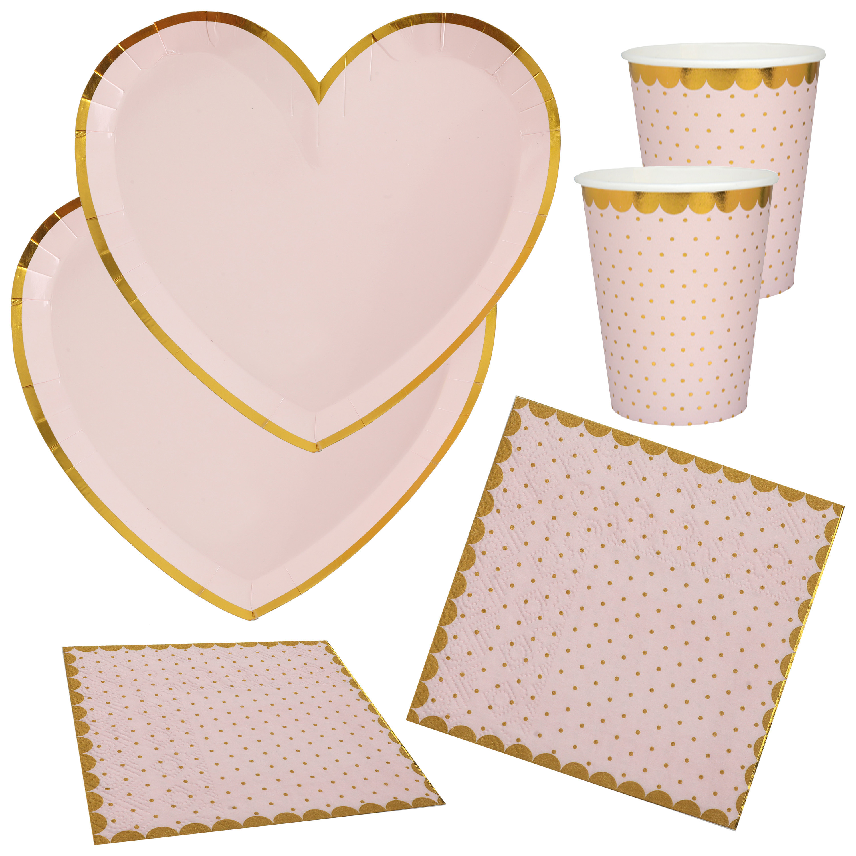 Feest wegwerp servies set hartje 10x bordjes-10x bekers-20x servetten roze-goud