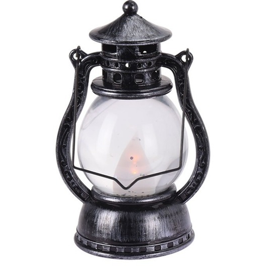 Feestverlichting zwart-grijs kunststof lantaarn 12 cm met vlam effect LED verlichting