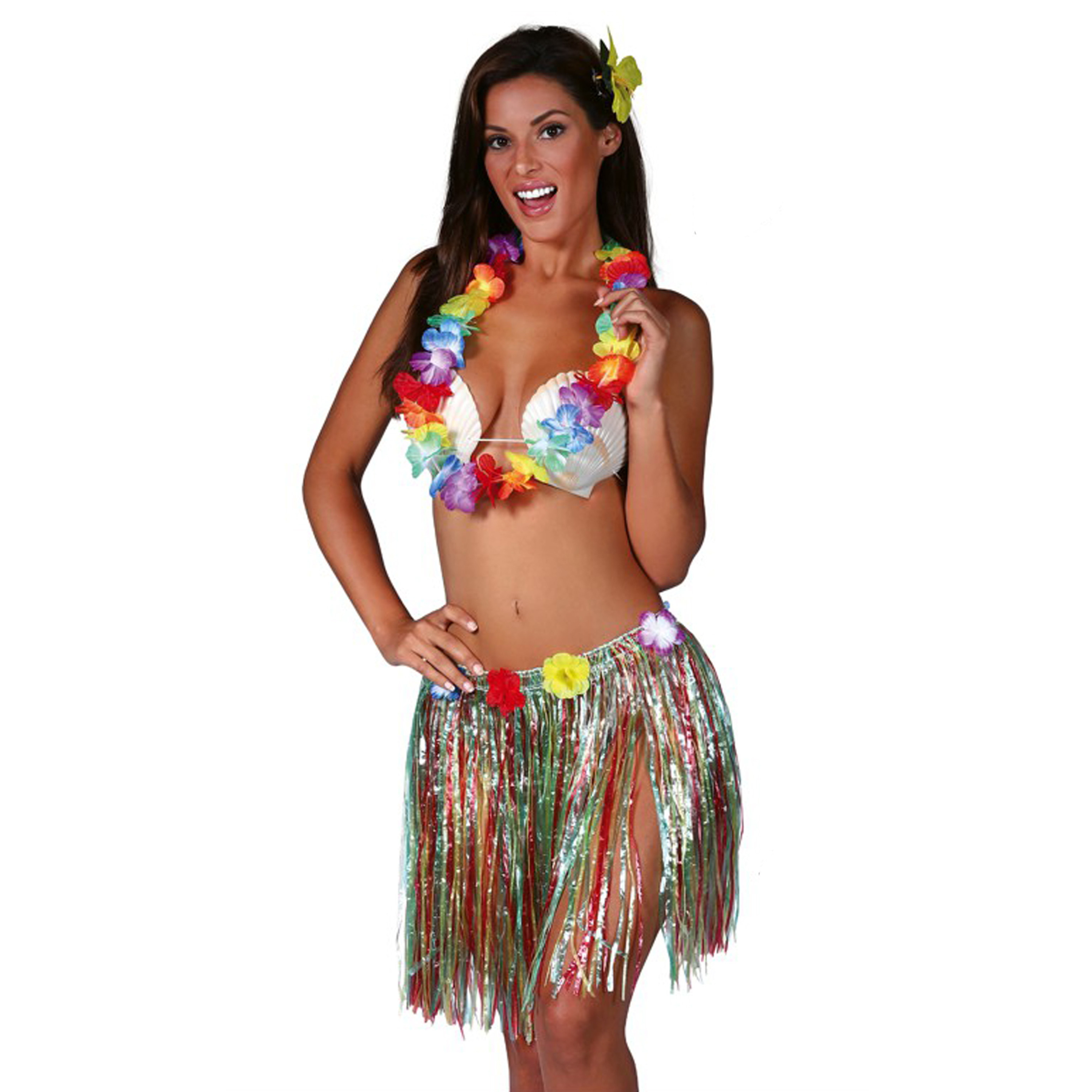 Fiestas Guirca Hawaii verkleed set volwassenen multicolour rieten rok-bloemenkrans-haarclip