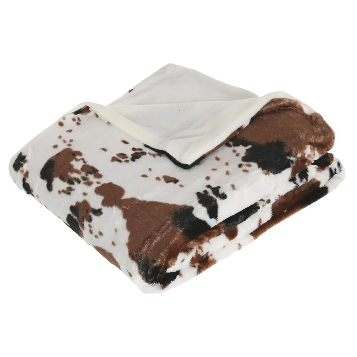 Fleece deken-fleeceplaid wit-bruin koeienprint 130 x 160 cm polyester