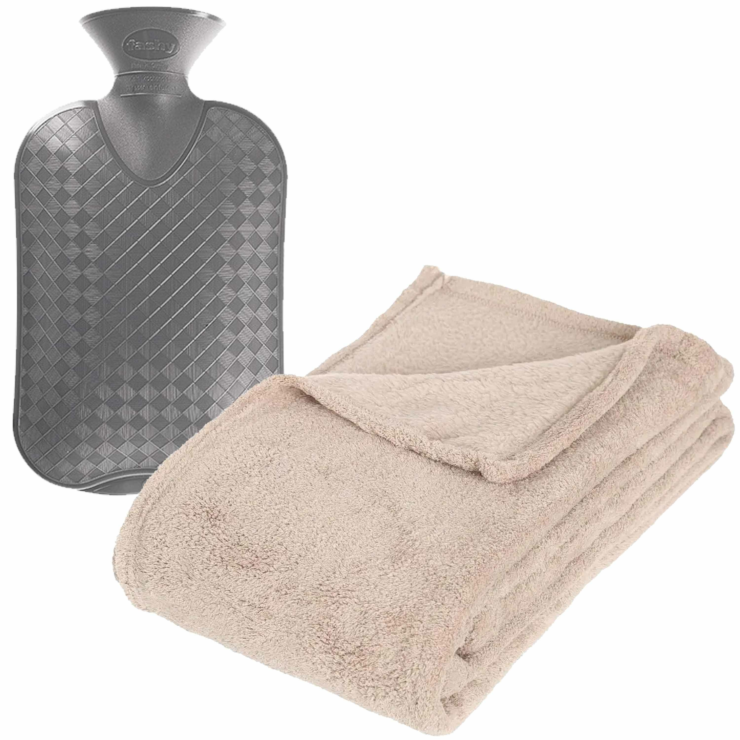 Fleece deken-plaid Beige 130 x 180 cm en een warmwater kruik 2 liter