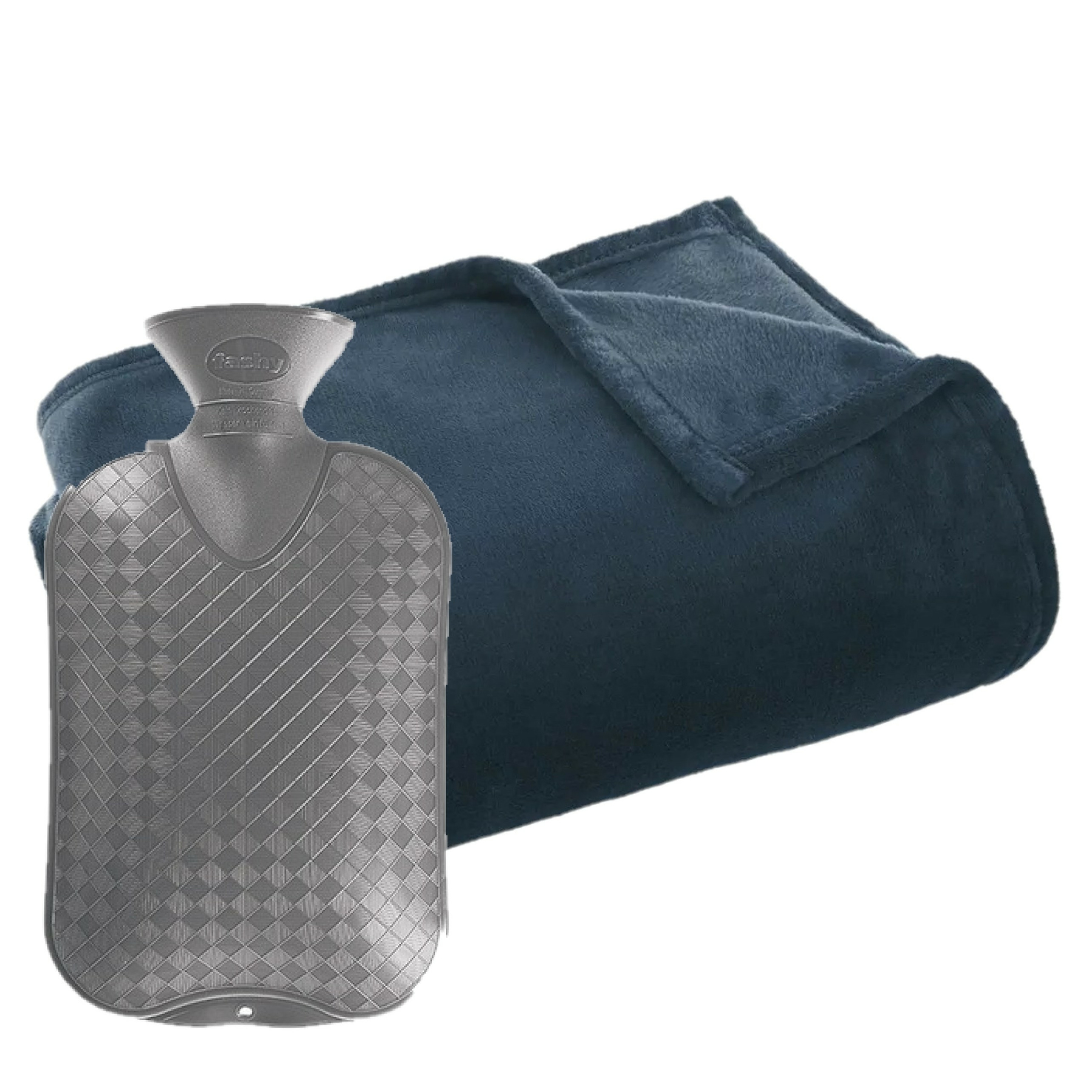 Fleece deken-plaid donkerblauw 125 x 150 cm en een warmwater kruik 2 liter