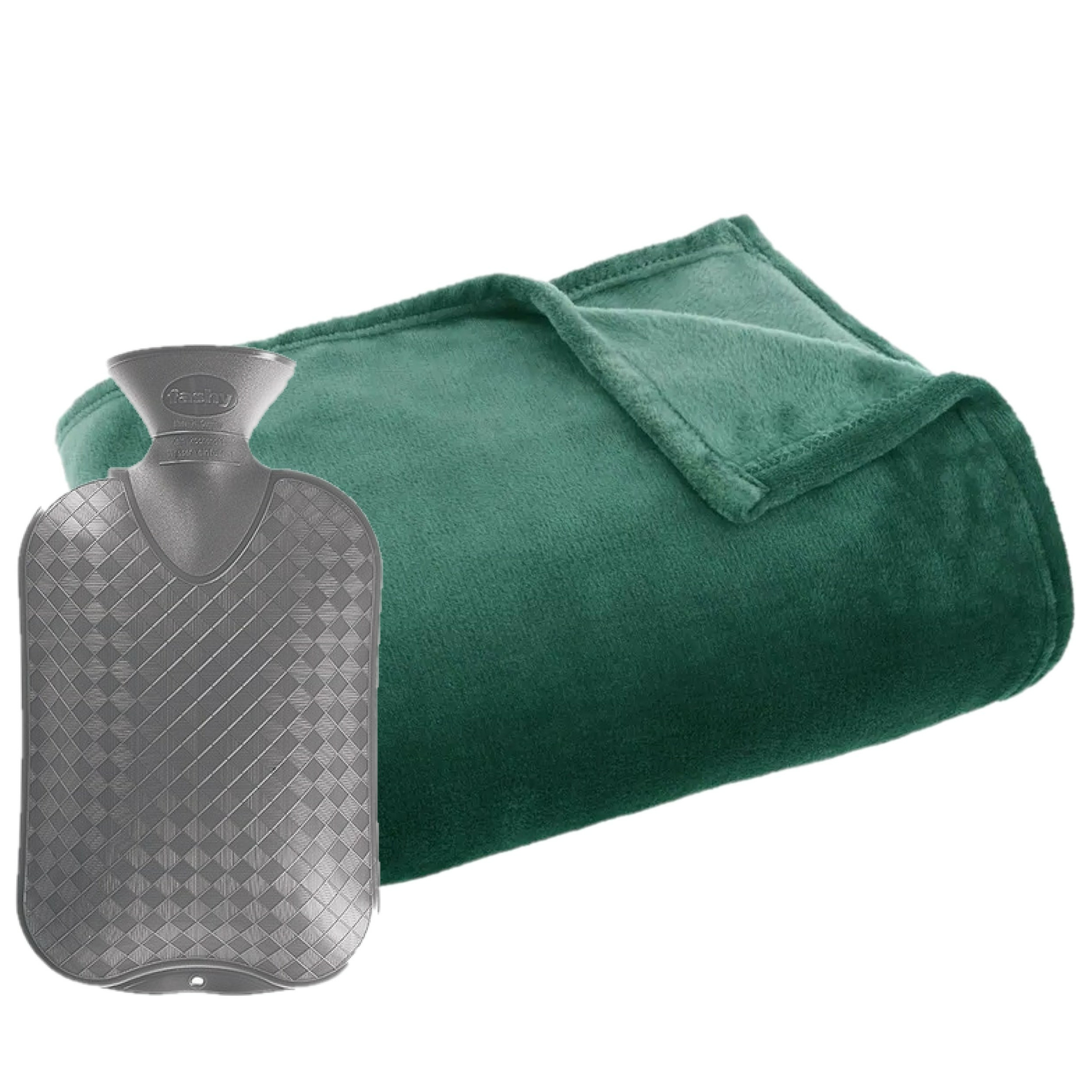 Fleece deken-plaid groen 125 x 150 cm en een warmwater kruik 2 liter