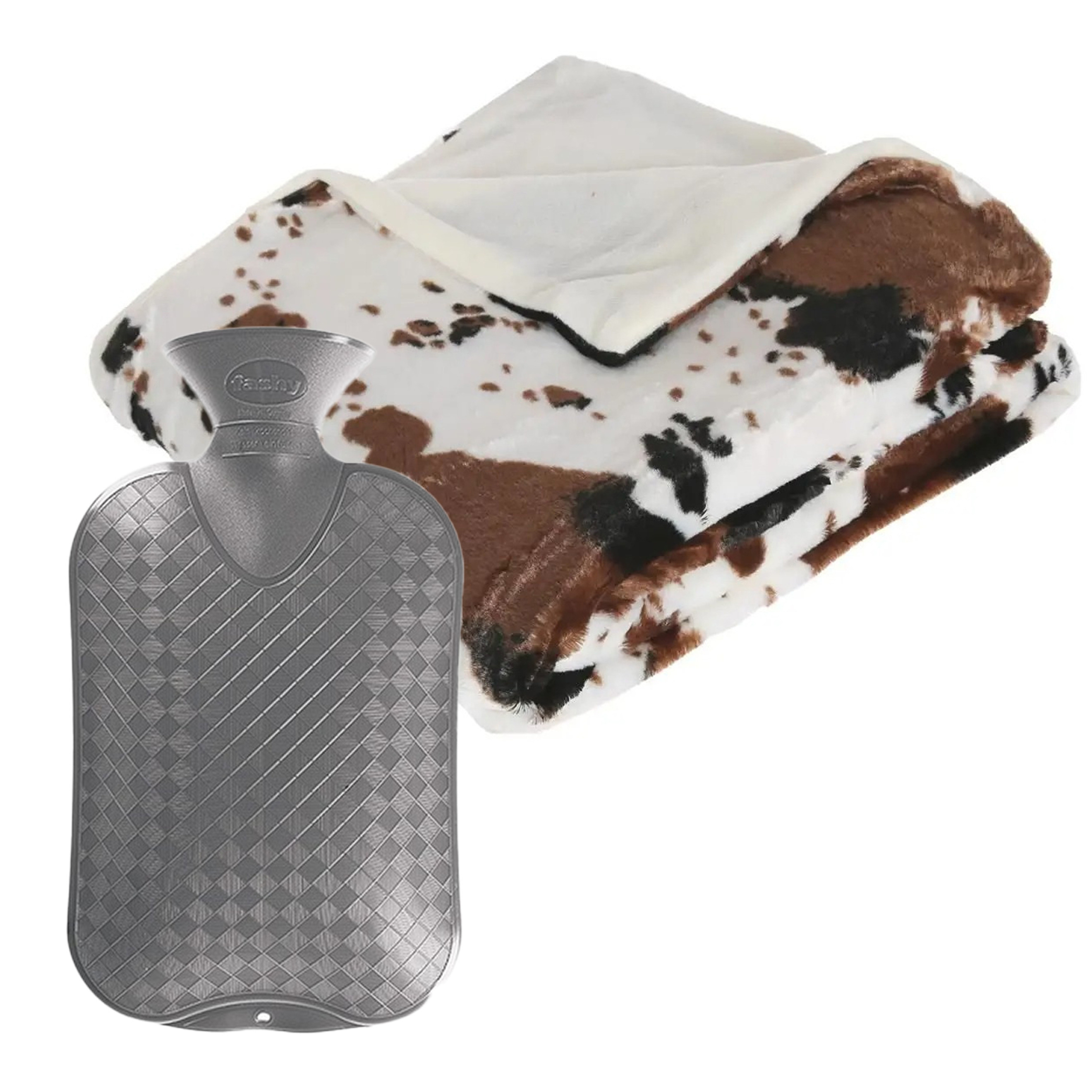 Fleece deken-plaid koeien-printbruin 130 x 160 cm en een warmwater kruik 2 liter
