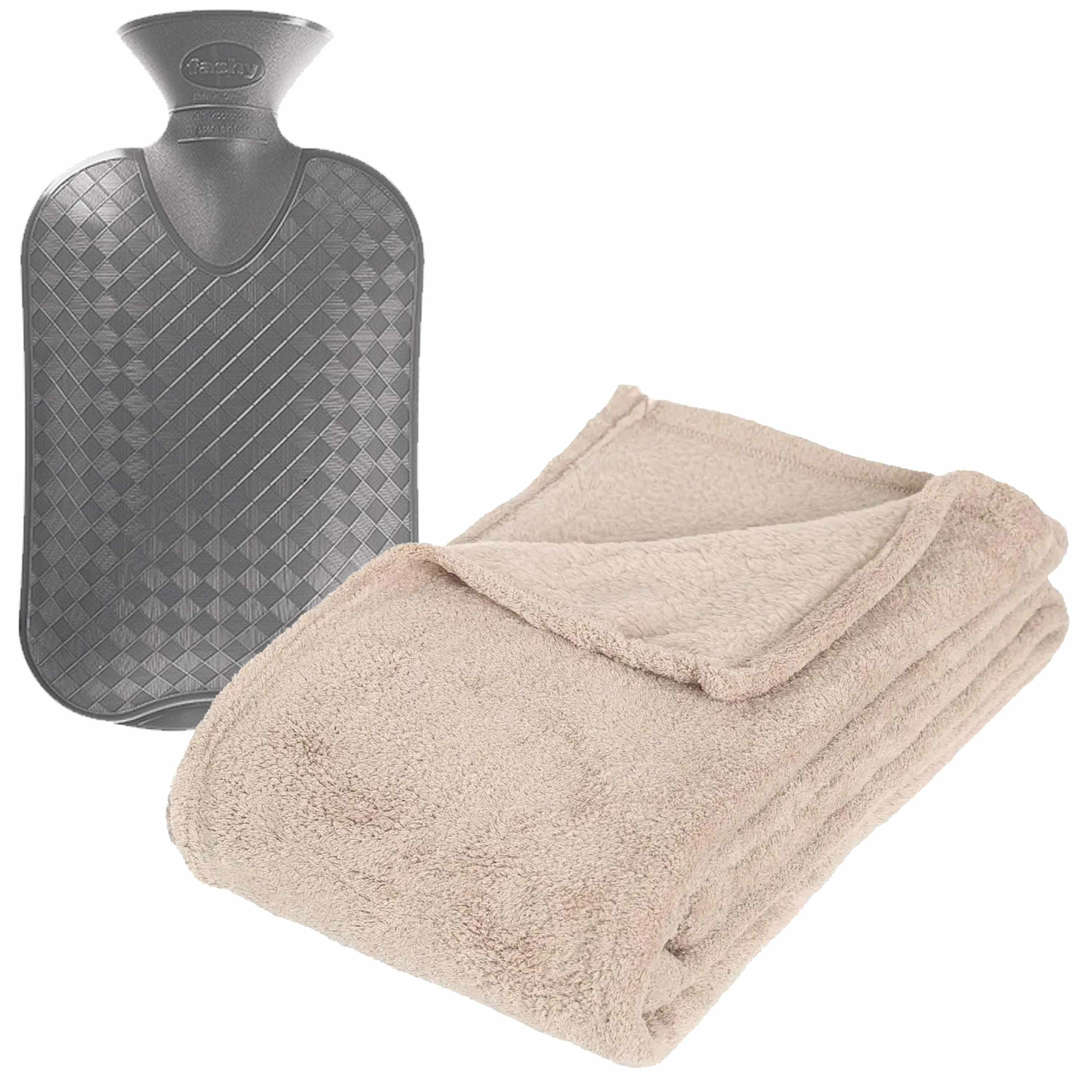 Fleece deken-plaid Licht Beige 125 x 150 cm en een warmwater kruik 2 liter