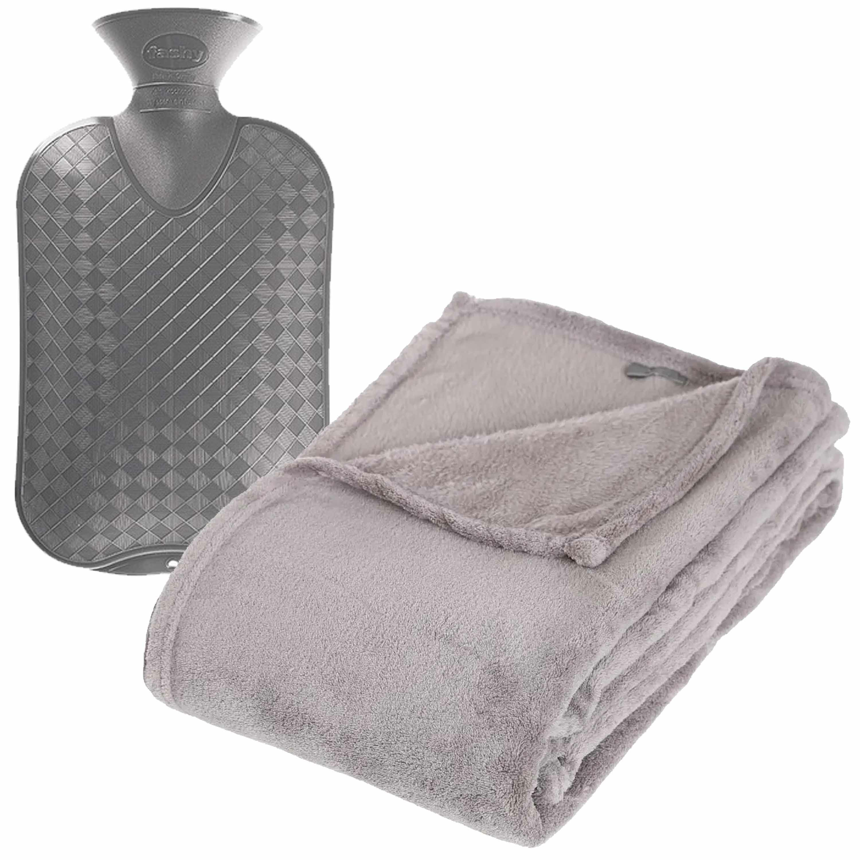 Fleece deken-plaid Lichtgrijs 130 x 180 cm en een warmwater kruik 2 liter