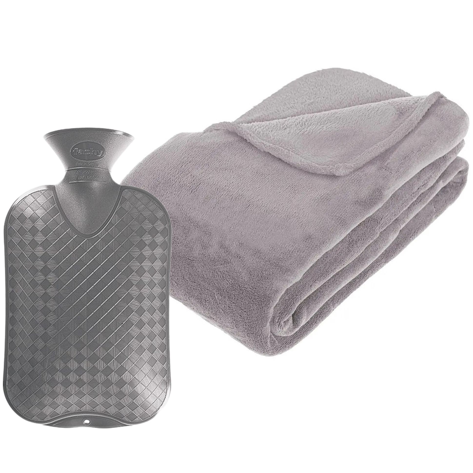 Fleece deken-plaid Lichtgrijs 230 x 180 cm en een warmwater kruik 2 liter
