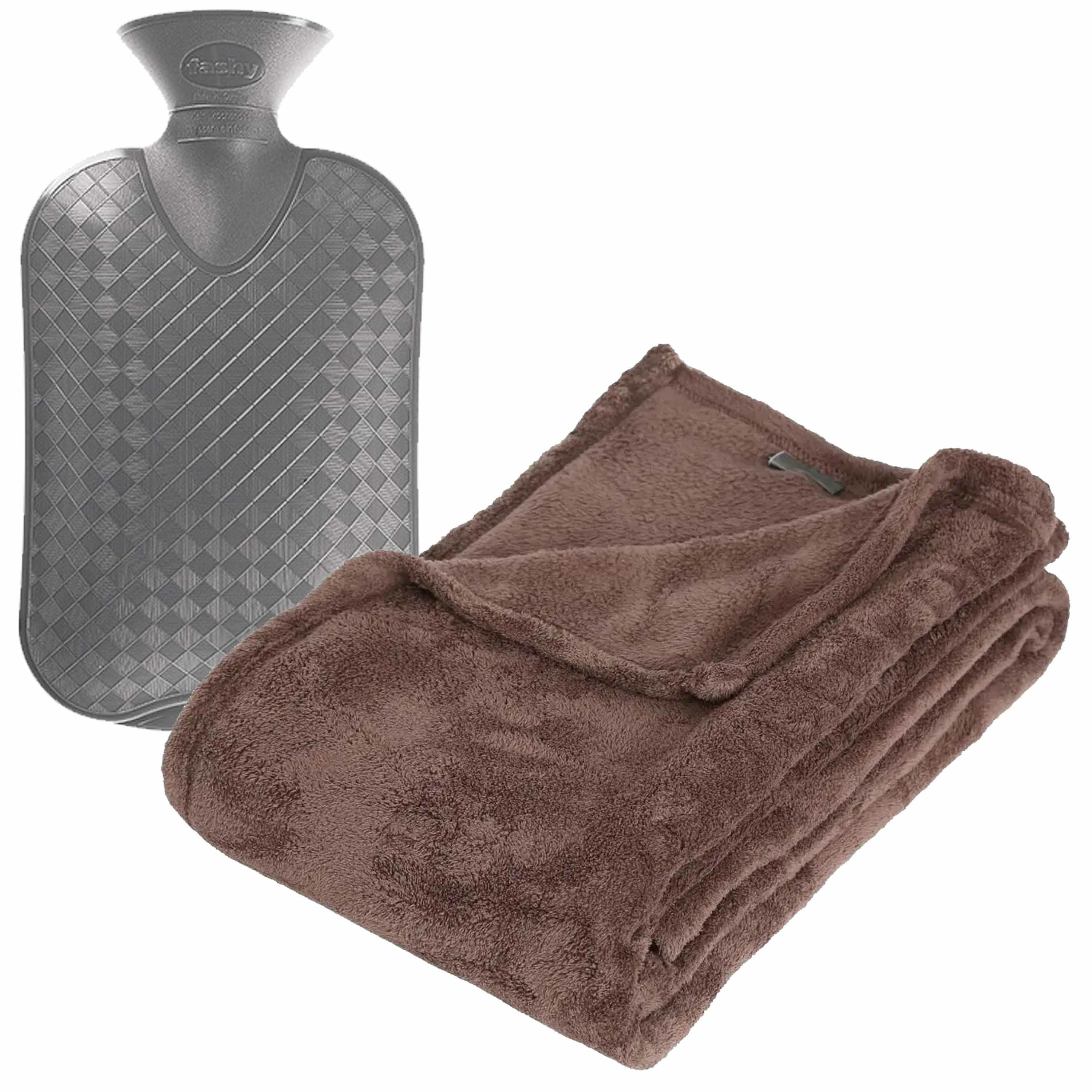 Fleece deken-plaid Mahonie Bruin 125 x 150 cm en een warmwater kruik 2 liter
