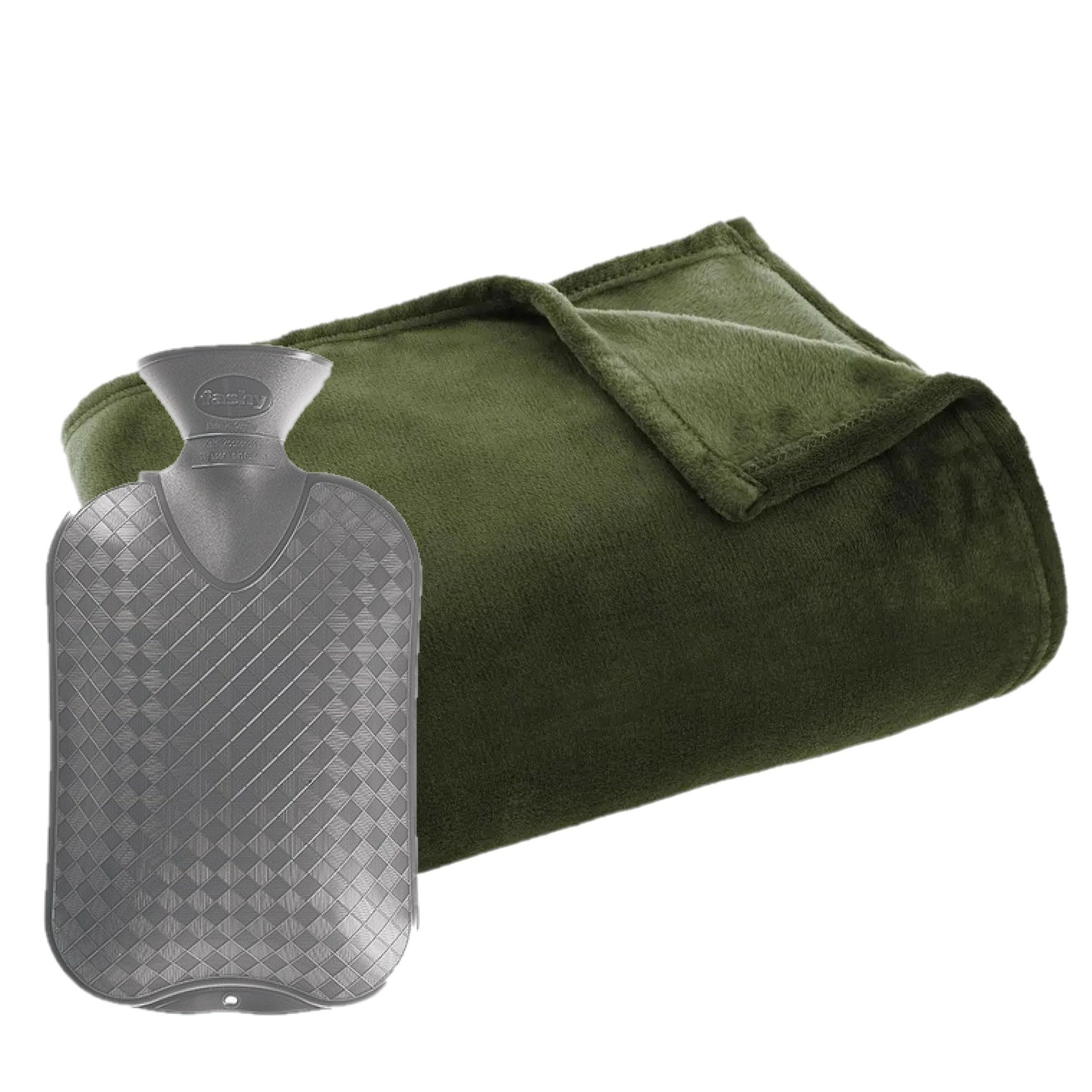 Fleece deken-plaid Olijf groen 125 x 150 cm en een warmwater kruik 2 liter