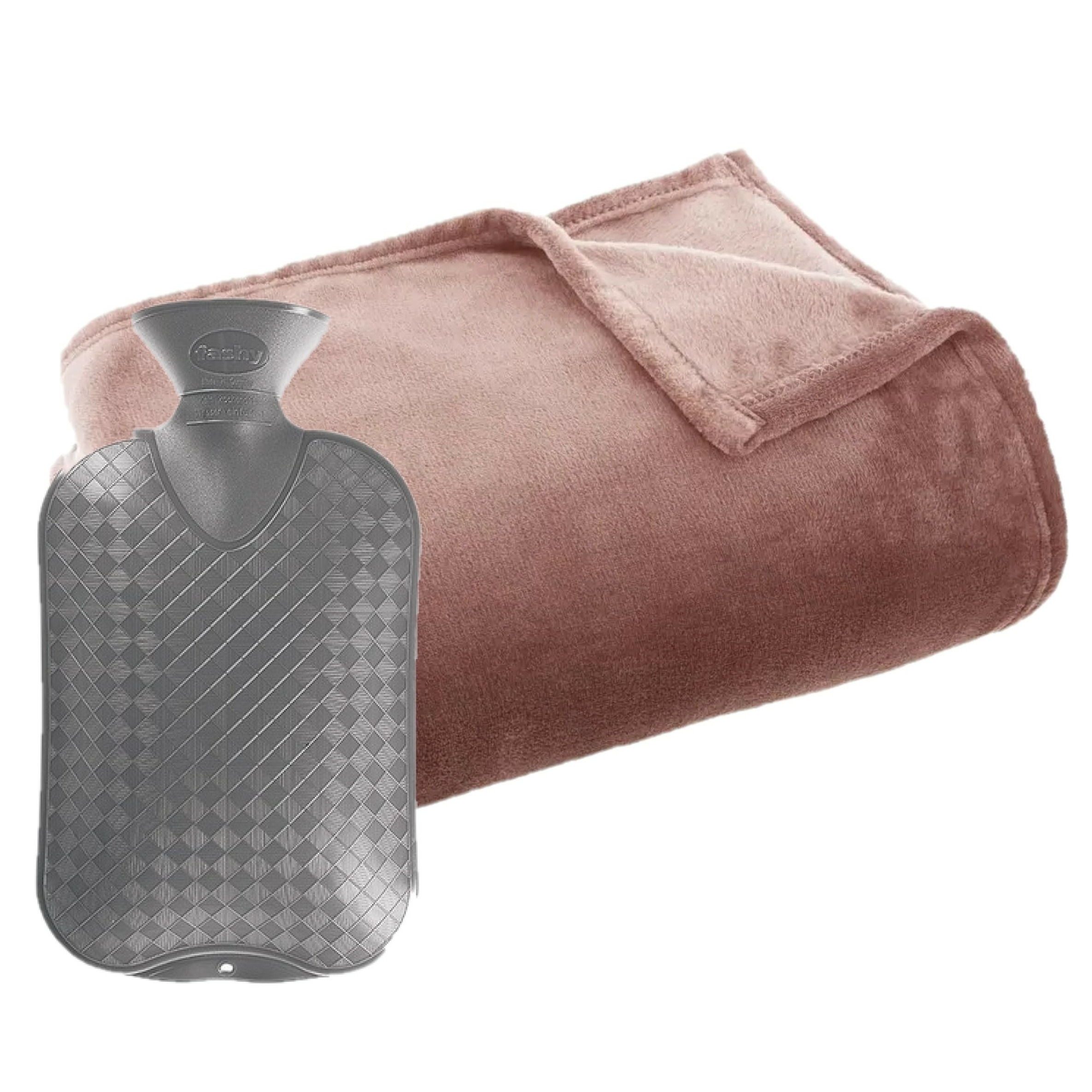 Fleece deken-plaid Oud Roze 125 x 150 cm en een warmwater kruik 2 liter