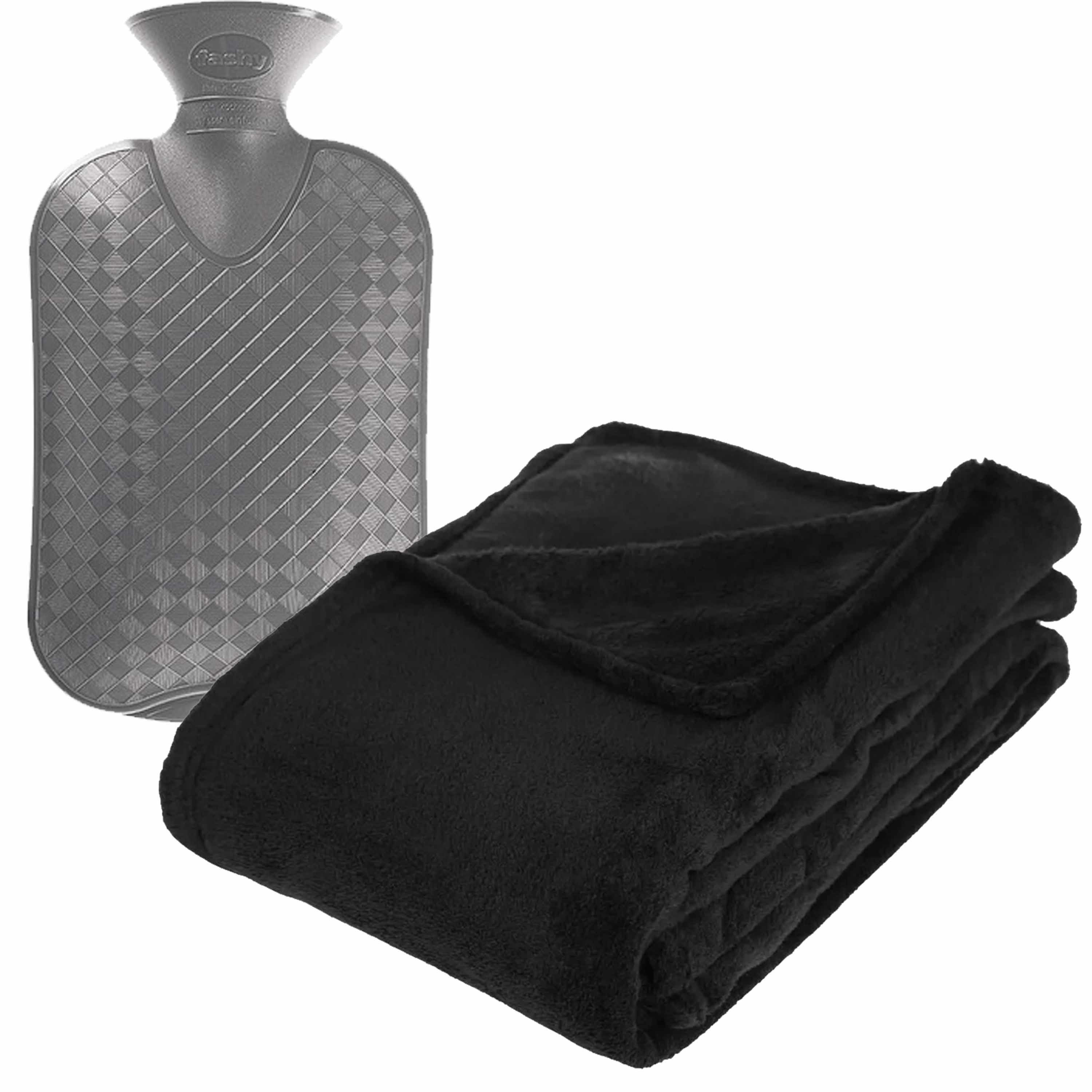 Fleece deken-plaid Zwart 130 x 180 cm en een warmwater kruik 2 liter