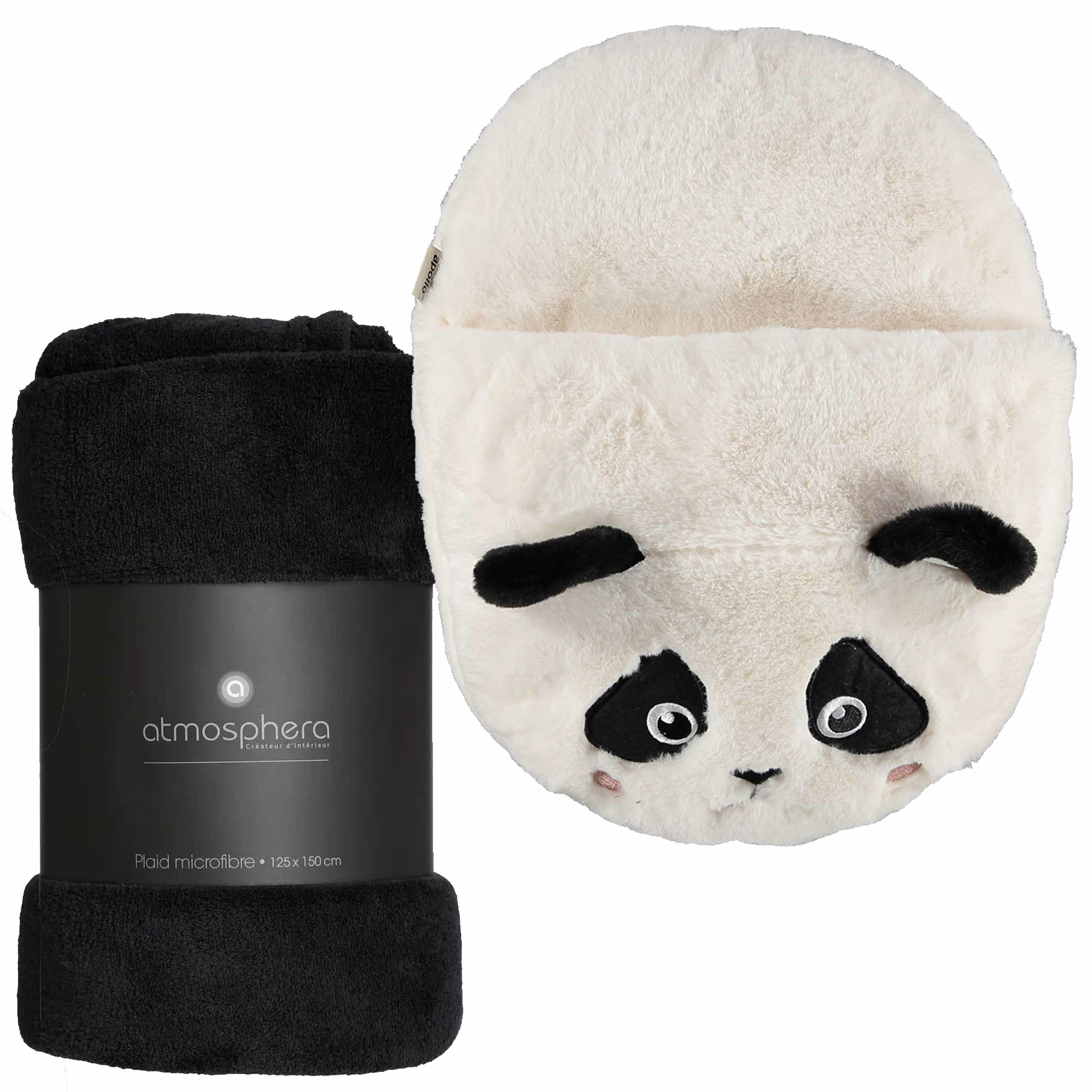 Fleece deken zwart 125 x 150 cm met voetenwarmer slof panda beer one size