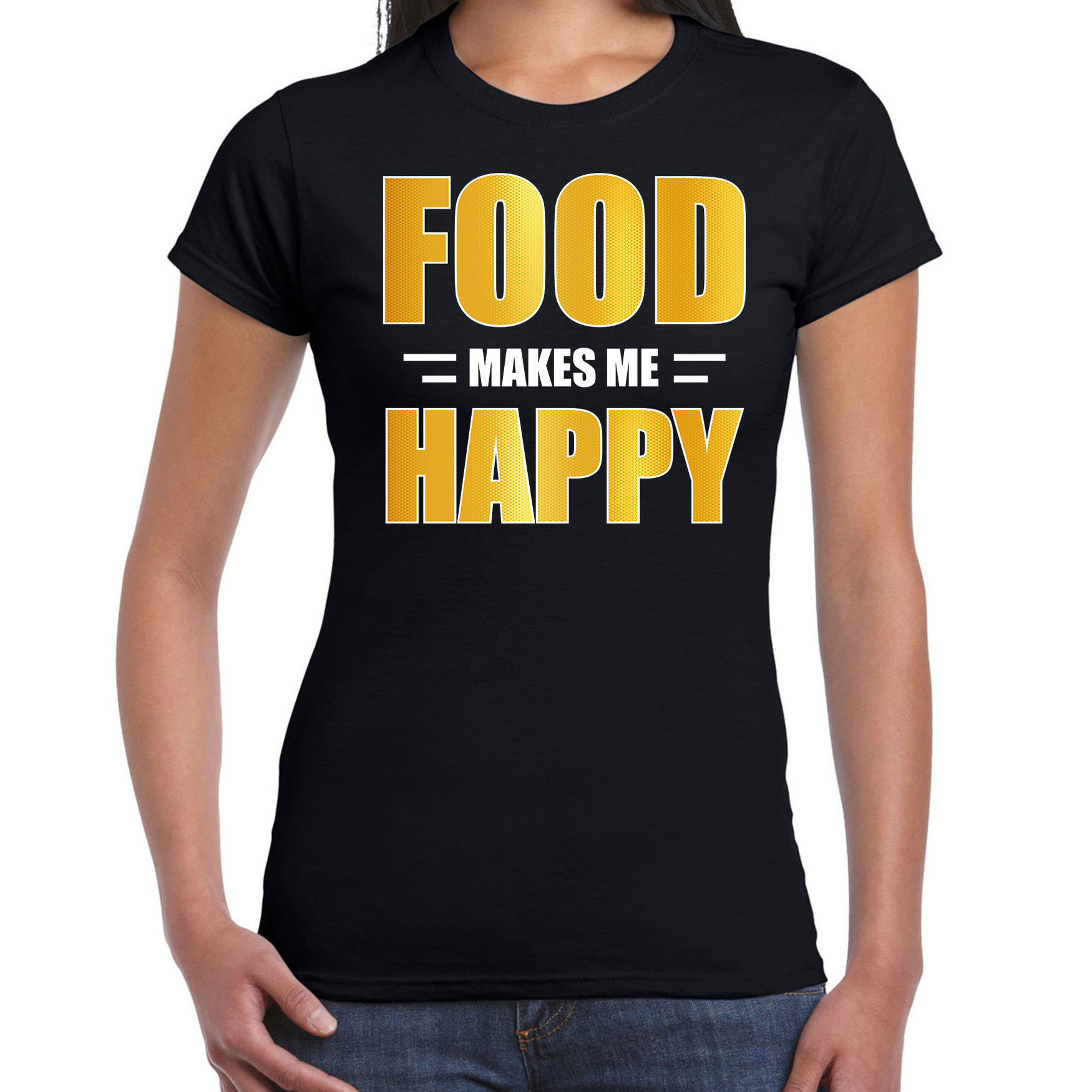 Food makes me happy fun shirt zwart voor dames